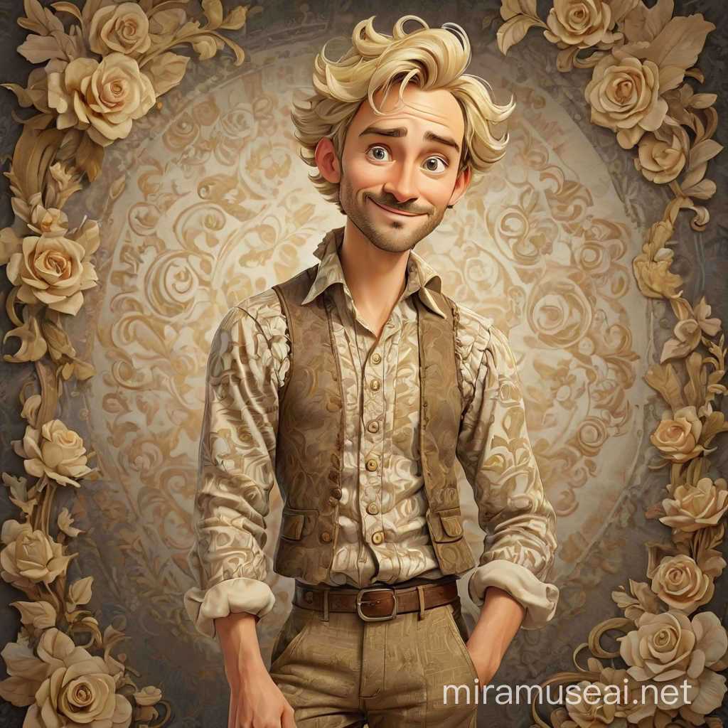 Very Cute 35 Years Old Blond Man, Stubble, Rare Beauty, Full Body Caricature, Ruffled Clothes, Background with Beautiful Patterns, Fantasy Art, Full Body, Fine Lines, Texture, Ink Drawing, Acrylic, Vintage, Patchwork, Detailed Set Drawing Storybook, Surreal, Tyndall 9 Effect, Dynamic Lighting, Sfumato, Perfect Ratio, High Detail, Full Body