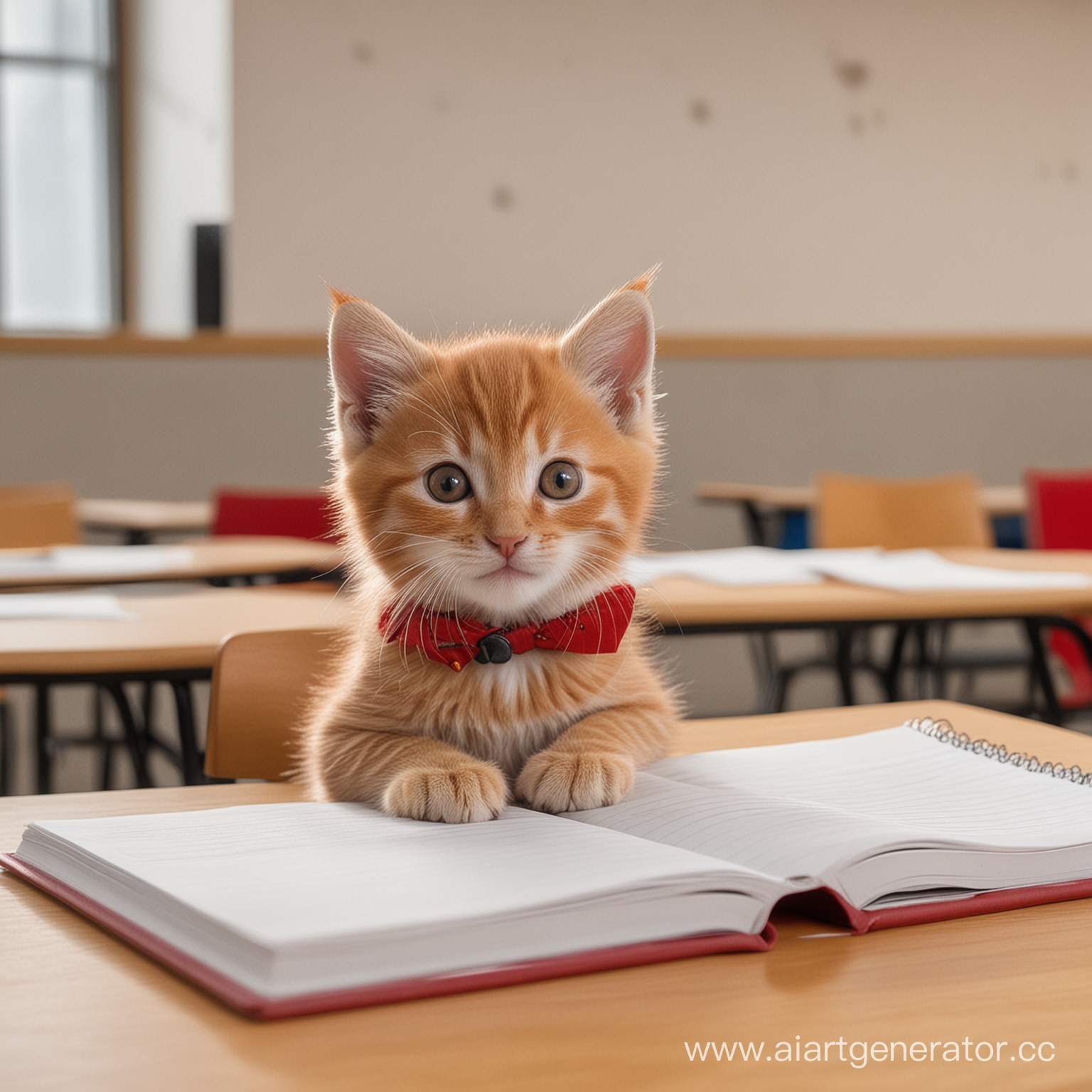 маленький котенок с серыми глазами и красной шерсткой сидит в лекционной аудитории за столом, на столе лежат тетрадь и карандаши, котенок улыбается