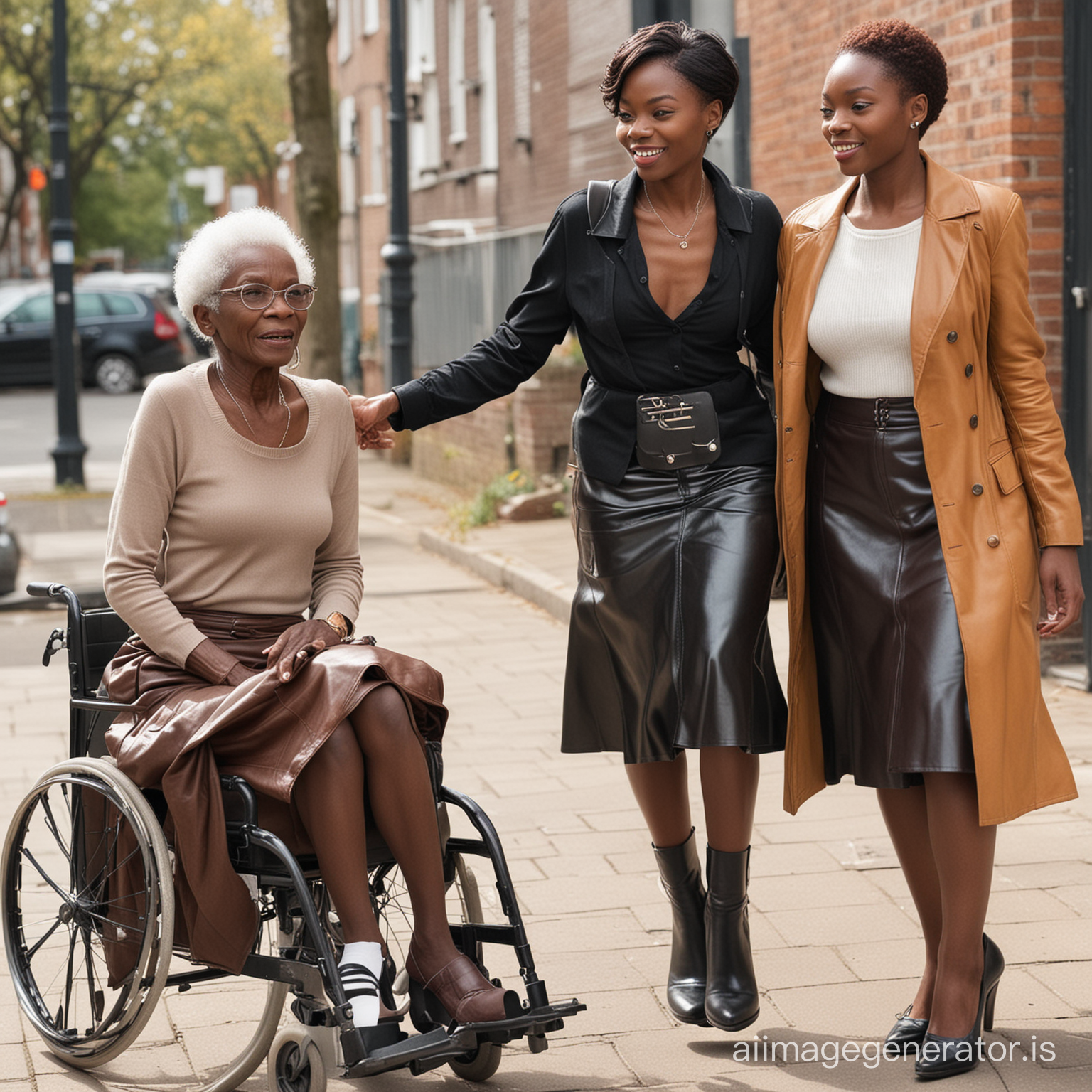 2 skinny  ebony  grannies with long leather skirts pushing a young white man in wheelchair