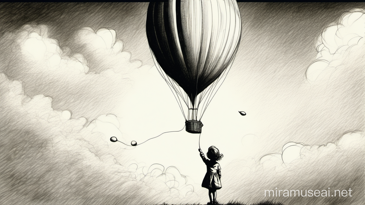 Girl Watching Balloon Flying in Delicate Sky Drawing