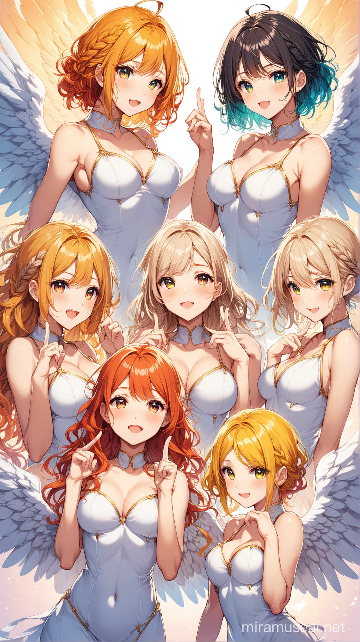 (masterpieces), best quality, three angels with varied outfits, [varied hairstyles], varied different faces, different colors, angel wings, poses, exposed fingers. Anime style different body types, different emotions 