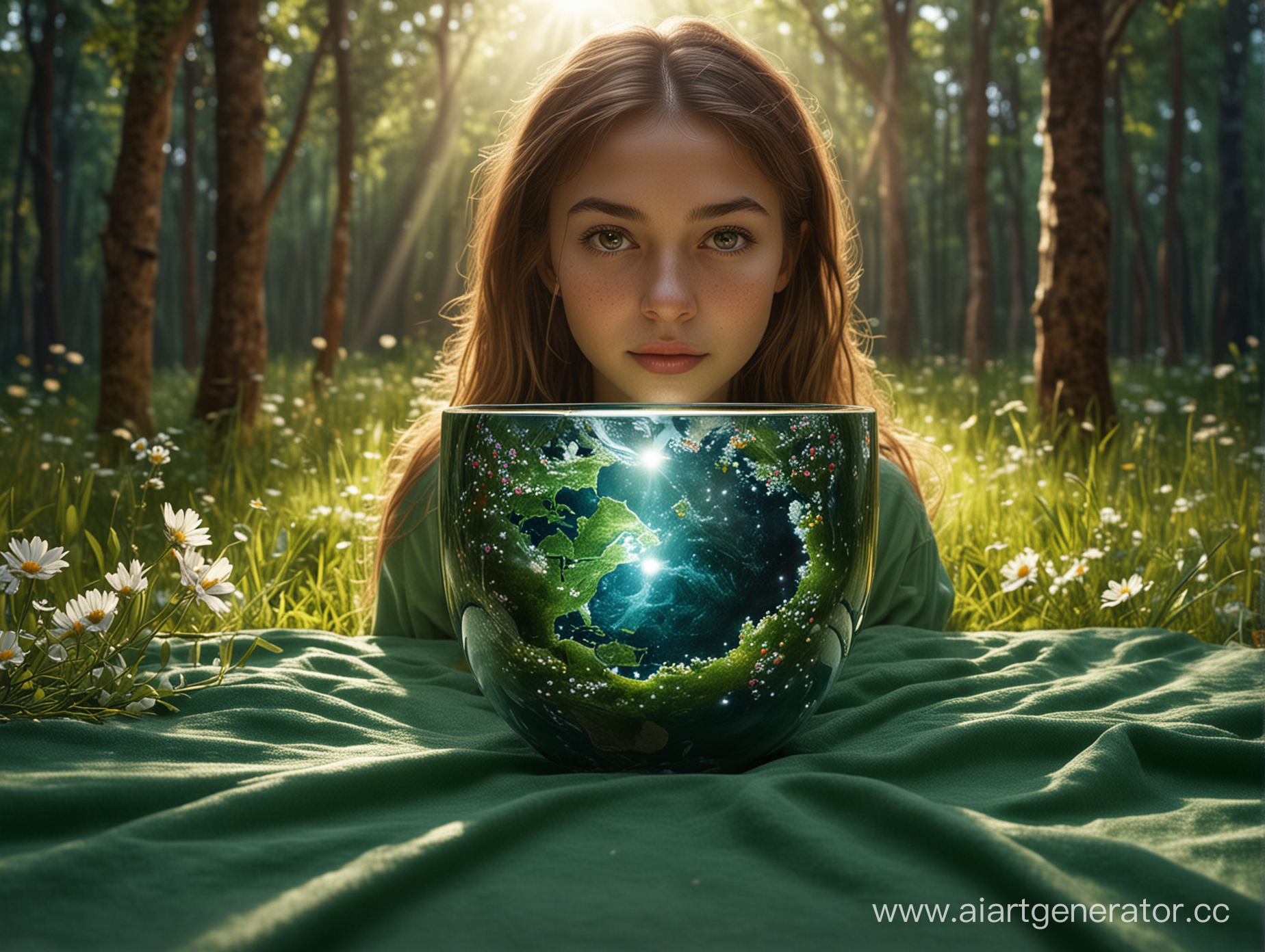 sphere of PLANET EARTH IN THE CUP glowing shinning, Generate a high-quality AI art piece featuring a Russian race face girl with flowers, trees, grass in her hair vibrant. . The girl's features should be detailed, emphasizing her Russian ethnicity. PLANET EARTH IN THE CUP, she is sitting behind the table with a cup holding the planet Earth inside, emitting a shining light. The cup should radiate a soft, ethereal glow to accentuate Earth. PLANET EARTH IN THE CUP, The table have a green organic tablecloth made of grass should look natural and flowing, set against the backdrop of the Earth planet with a focus on save Earth, green ecology.  The background featuring Earth should be visually striking, portraying the beauty and fragility of the planet. The overall artwork should blend realism with a touch of surrealism, creating a captivating and thought-provoking visual narrative.