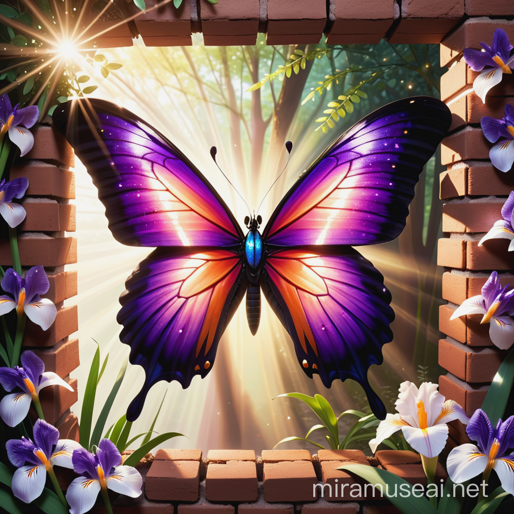 brick background, big hole in wall, detailed wing butterfly, beautiful iris, sun rays, beautiful forest, glitter, sparkle, shine, deep dark purple, mother of pearl white, black, coral, gold
