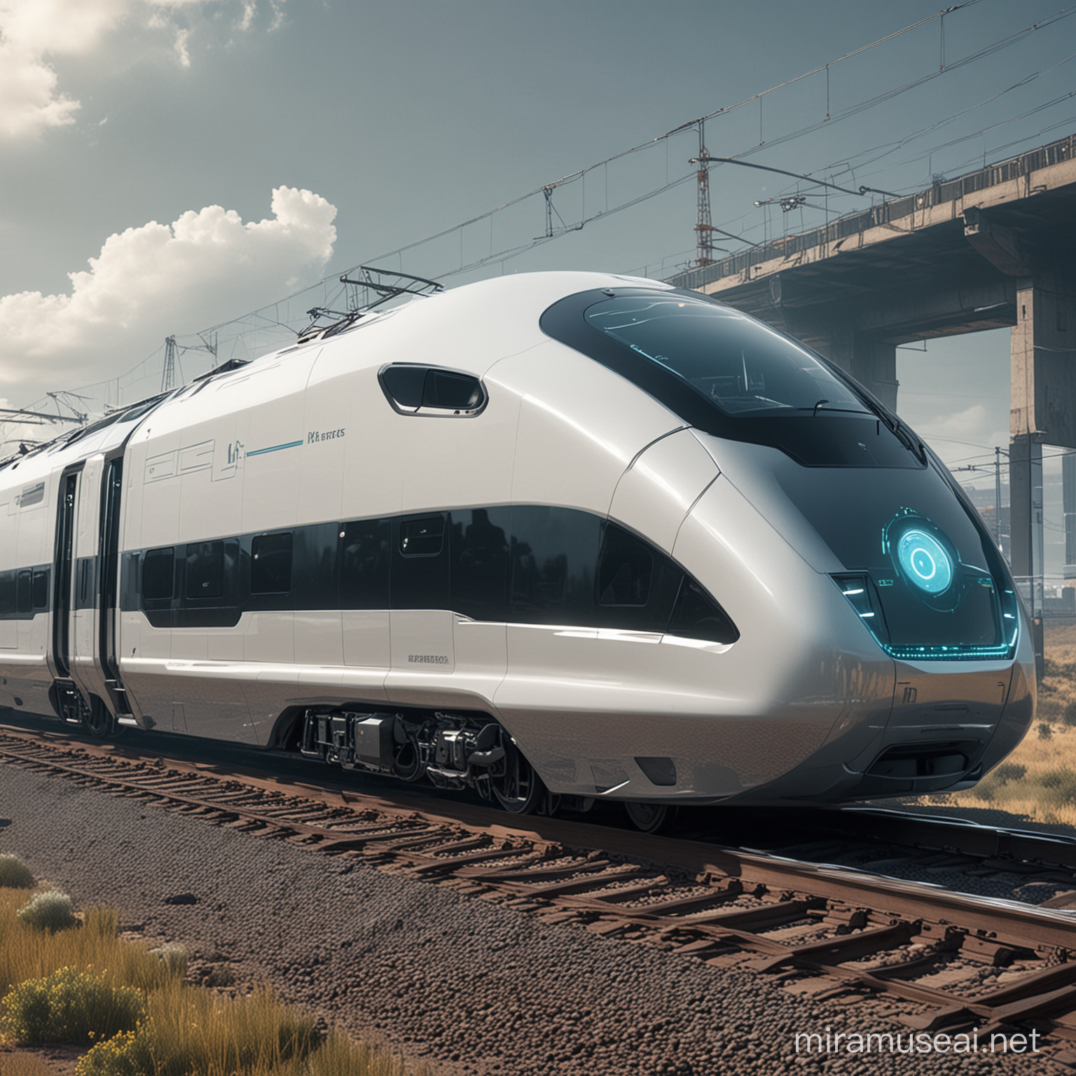 Futuristic AI Monitoring Train Coupe Interior with Holographic Displays