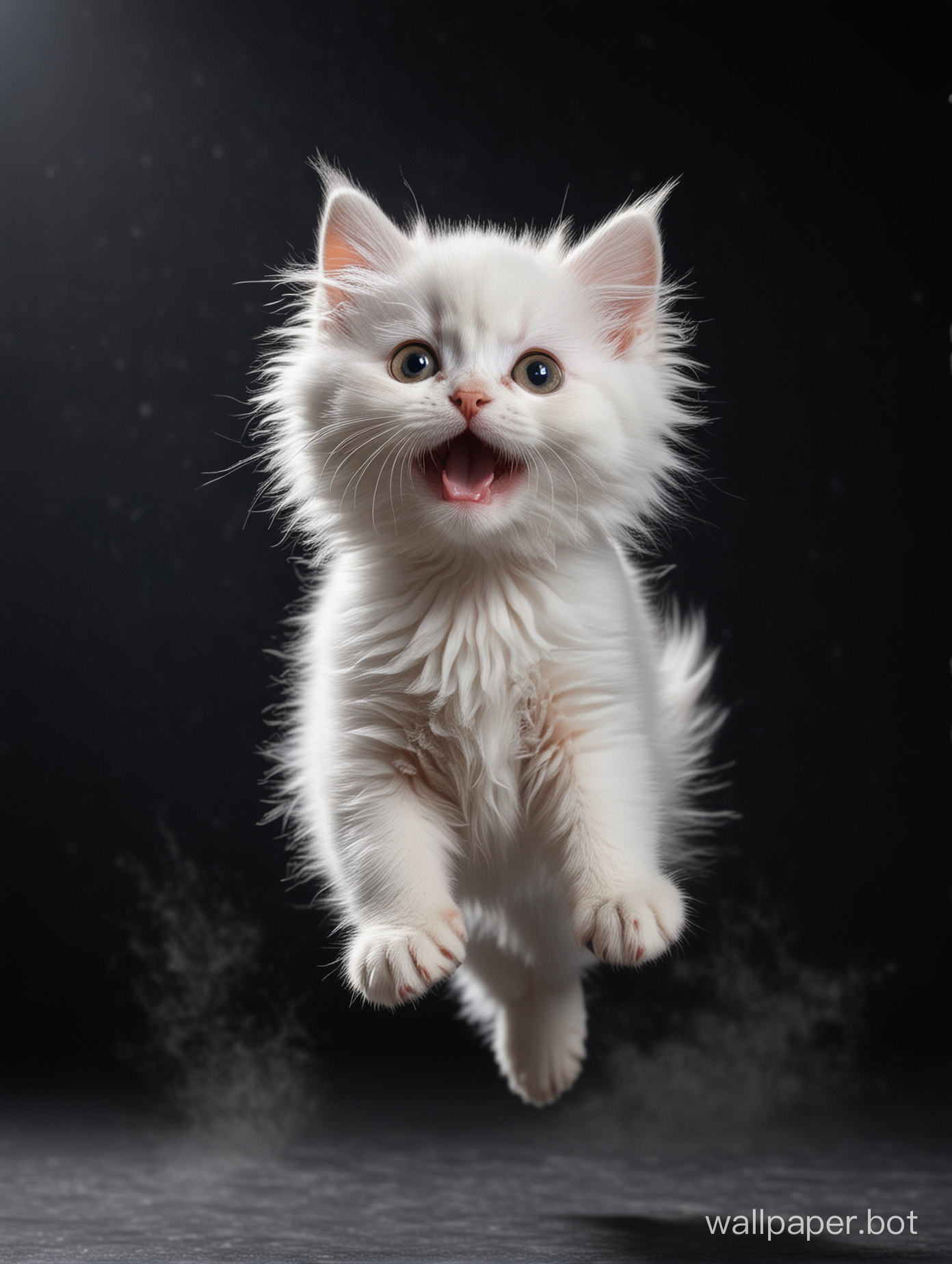 White Cute fluffy kitten with fluffy tale and big eyes jumping in pitch black space