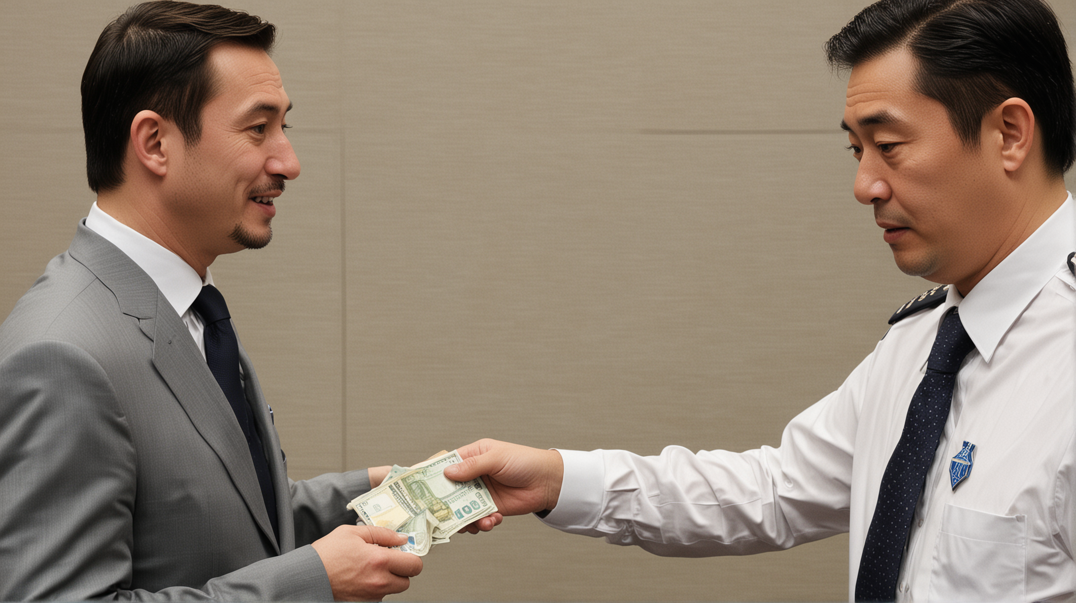 A EUROPEAN  INTERPOL SECURITY OFFICER  RECEIVING SOME CASH FROM A CHINESE BUSINESSMAN