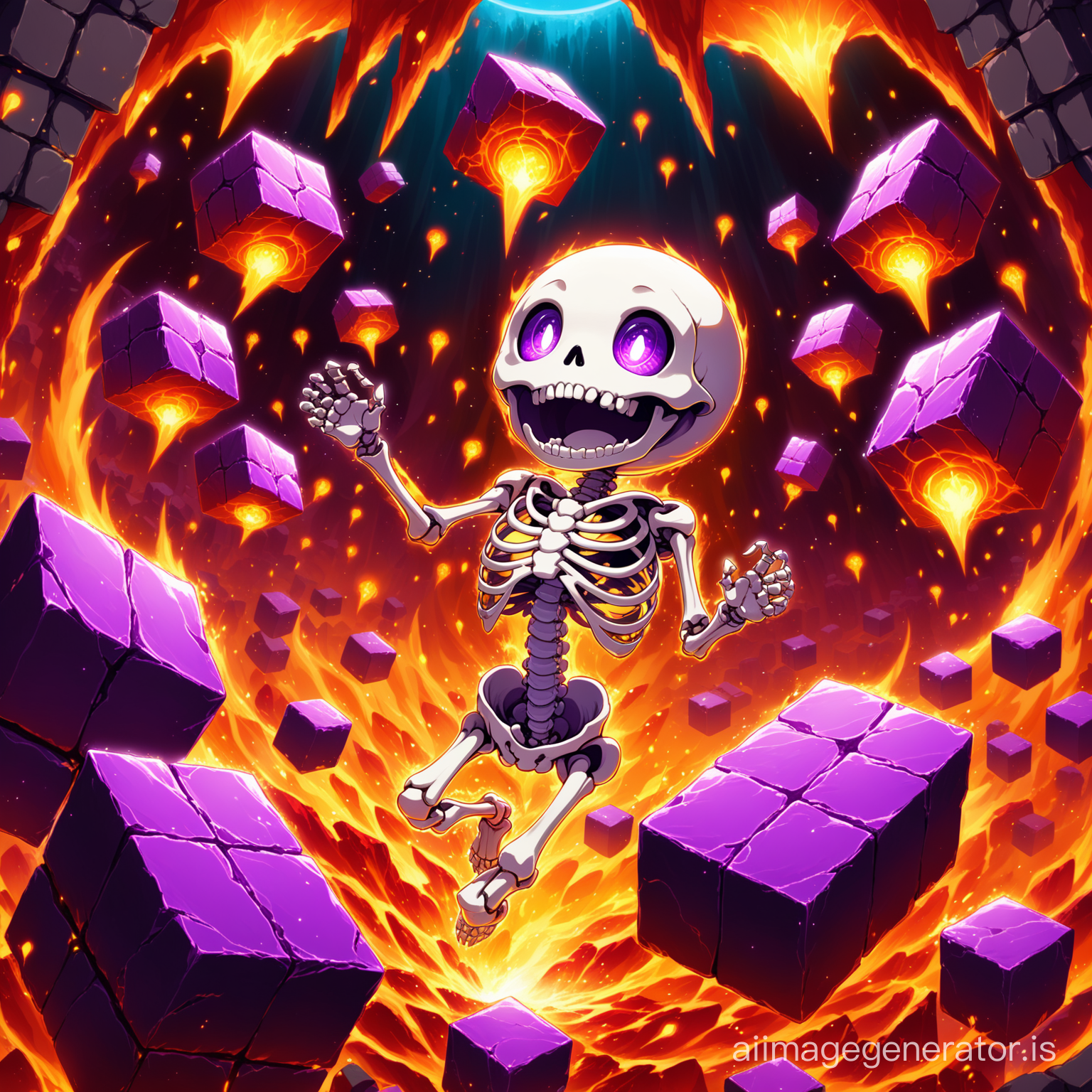 A little happy cute little skeleton with purple eye and smile in magma fire world with super detail and High Quality
big and purple blocks and floating are seen everywhere
Details are evident beautifully and with great precision