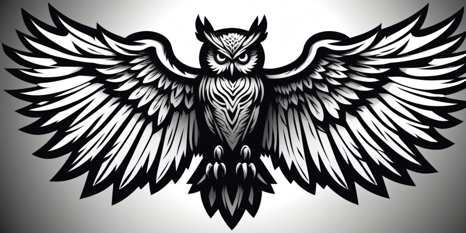 Majestic Plasma Cut Steel Owl Sculpture with Wings Spread Black and White Vector Art