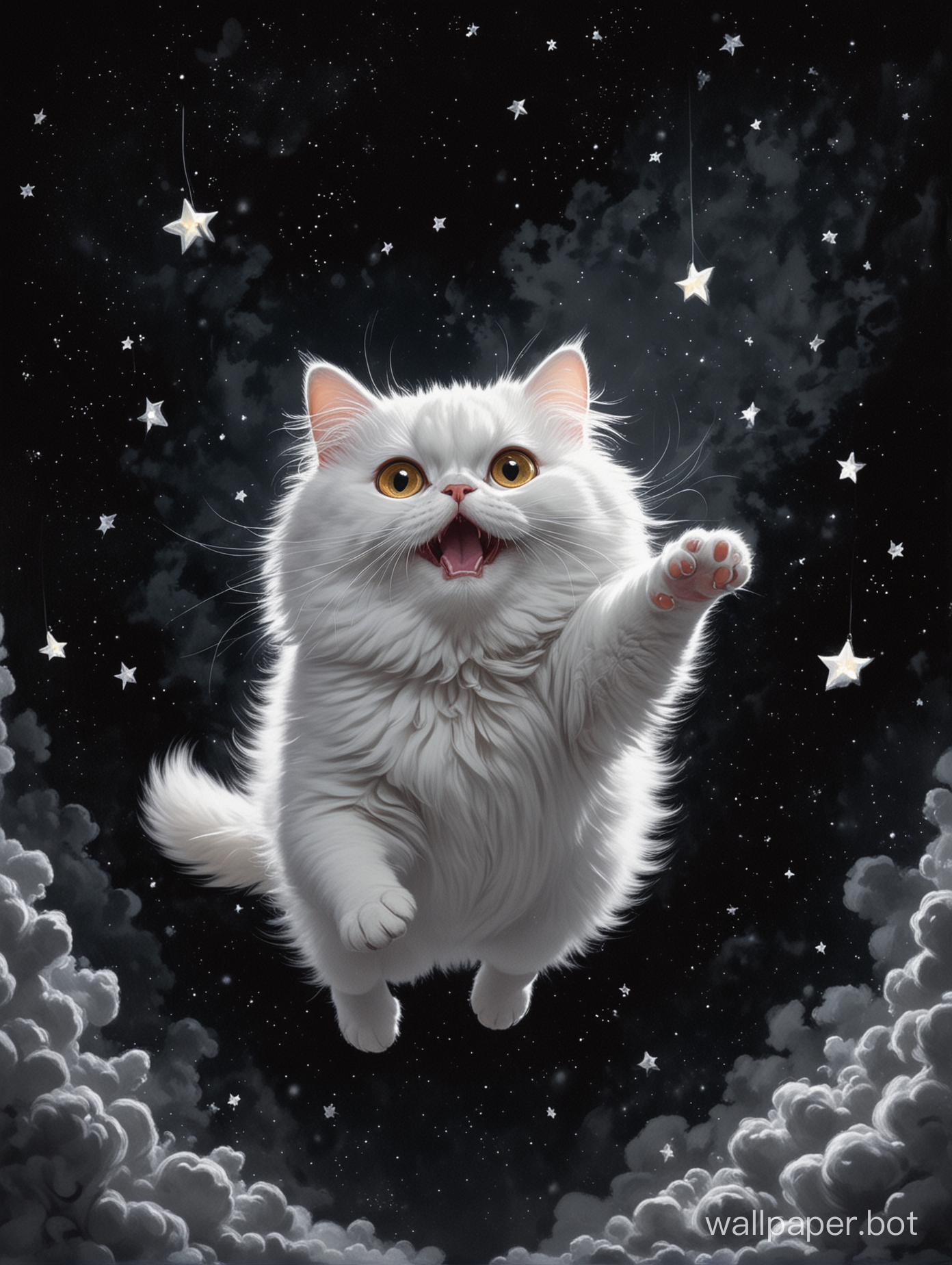 Fluffy fat white cat with big eyes and fluffy tale jumping in pitch black space with smal stars