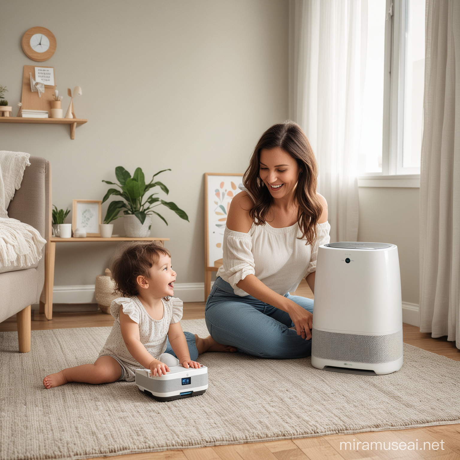 A mother and her toddler playing happily in a roon with clean air equiped with air purifier device