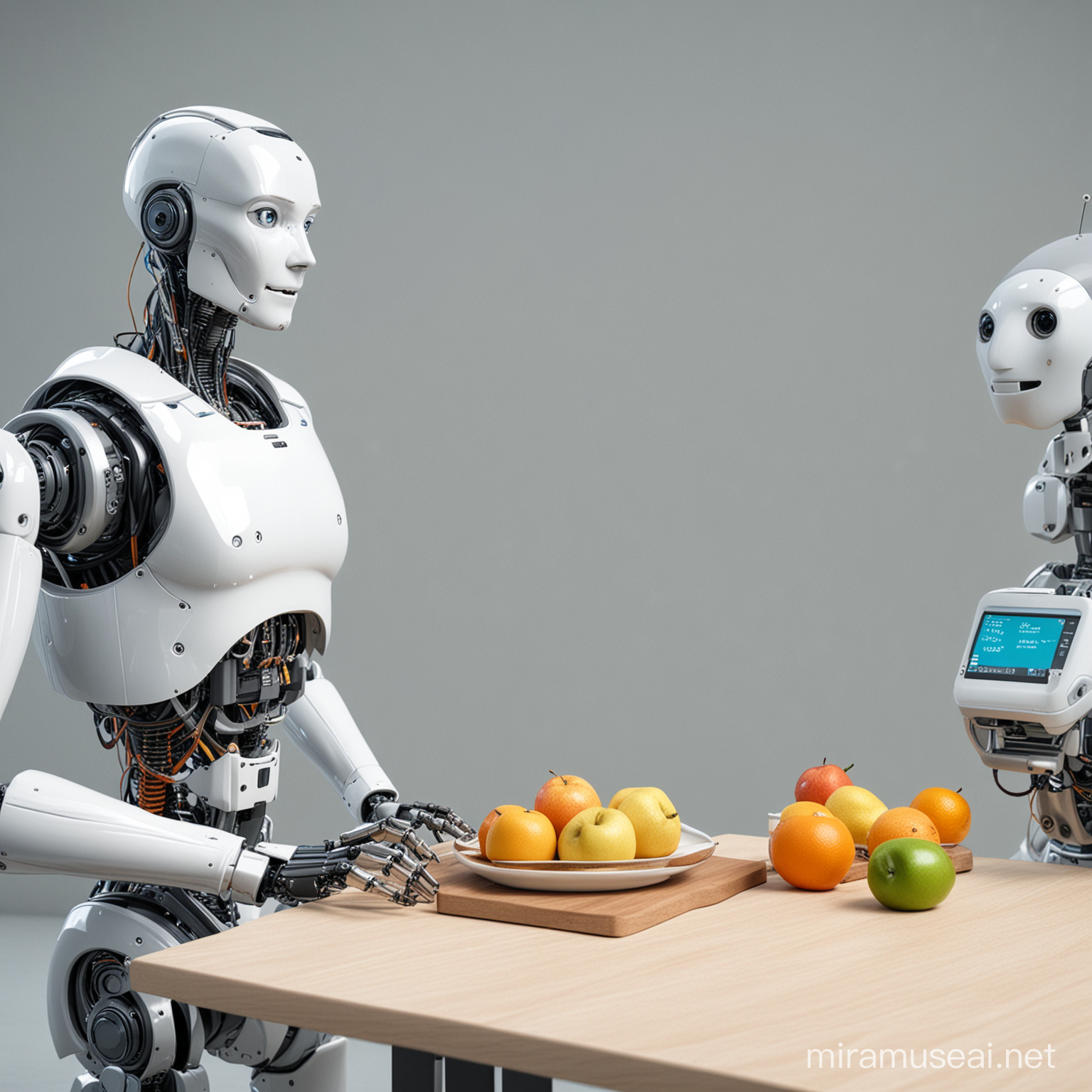 Un robot fait un coaching alimentaire à un un humain un peu gros 