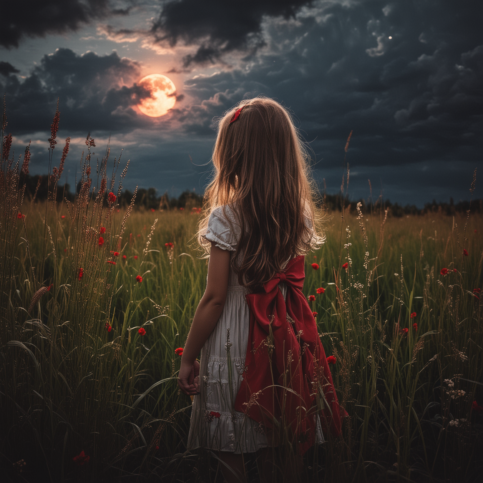 child alone sad backlight long hair back high grass colors flowers stormy clouds moon  red bow