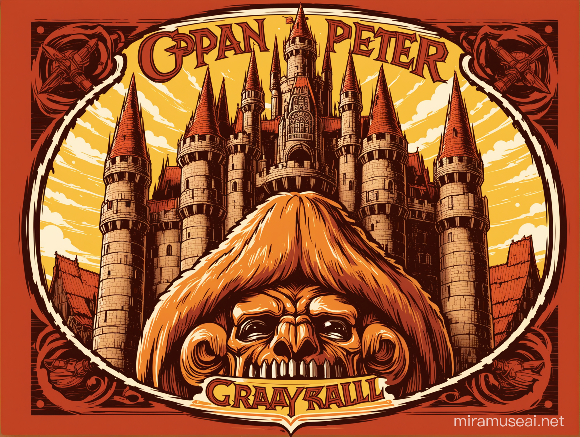 Create a drawing so I can use as a label for our limited-edition craft beer. Use a He-Man's Grayskull Castle style design, but do not mention any words that might infringe copyright laws. The beer style is an Amber Ale from St. Peter's Brewery in Brazil (www.st.peters.com.br. The main brand is Eindhoven. The beer is a rich and flavorful Amber Ale style. Let's capture the essence of adventure and nostalgia with a label that will stand out on the shelves and excite craft beer enthusiasts. Write in Portuguese. Do not create a bottle, I just want an opan label design.