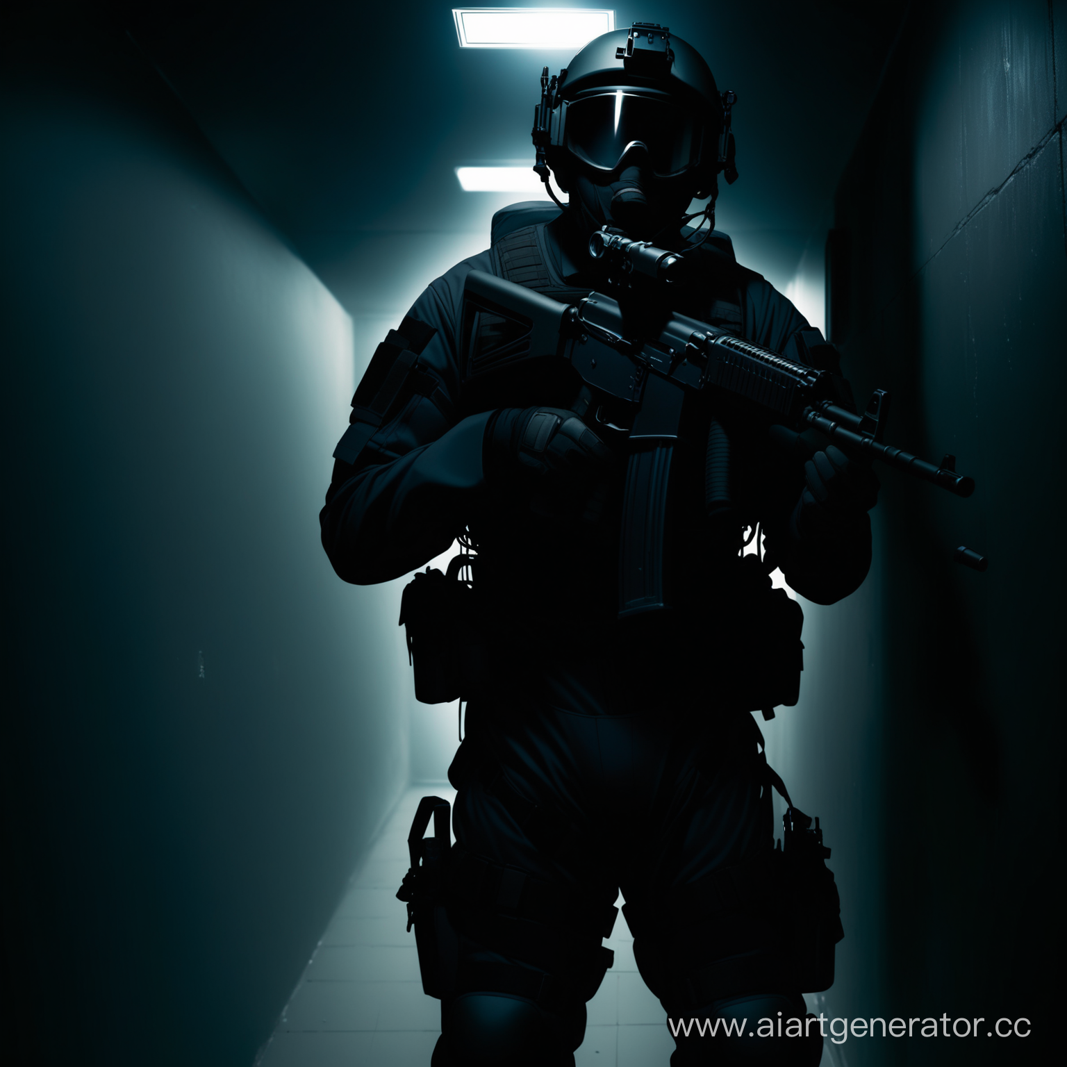 Мужчина опирается на стенку спиной, с оружием в руках AK-47, в тактическом костюме, смотря лицом в кадр, в темном помещении