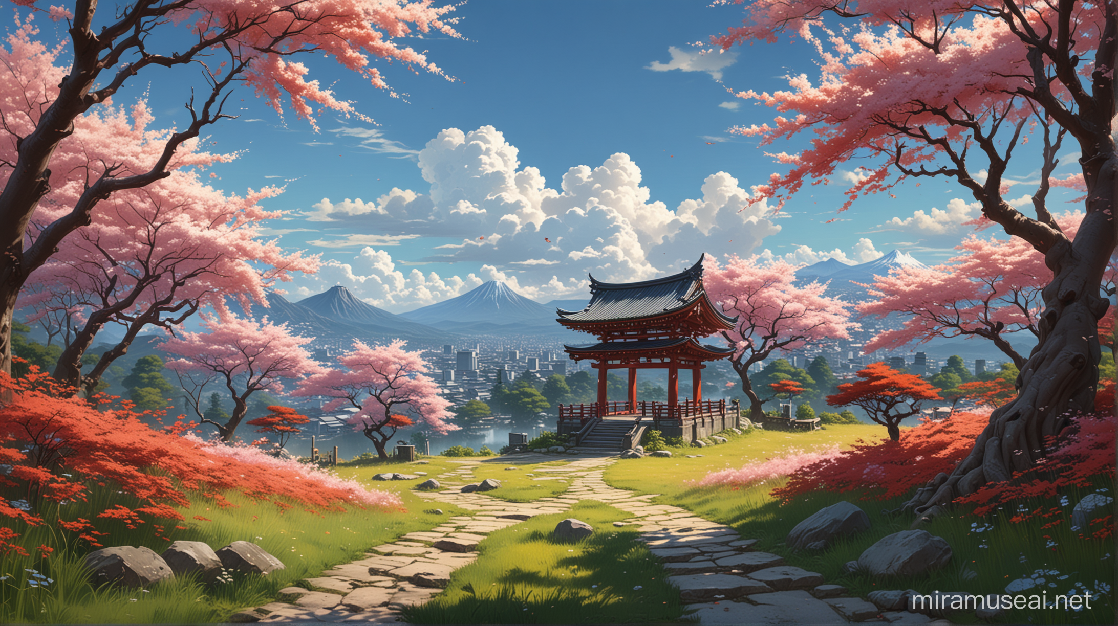 view from the path which is along the bottom of the picture behind some grass of majestic light sky with clouds and blue sky, creepy haunted Japanese shrine, Red japanese trees and cherry blossom trees, fireflies fly on sky, ultra detailed, high resolution, best composition, illustration, acrylic palette knife, makoto shinkai style, Codex_401 style, mystical, Mystica_meta style, ghibli vibes, ultra detailed, render, stable diffusion, trending pixiv fanbox, --ar MJ V 6.0 , photo view from eye sight.