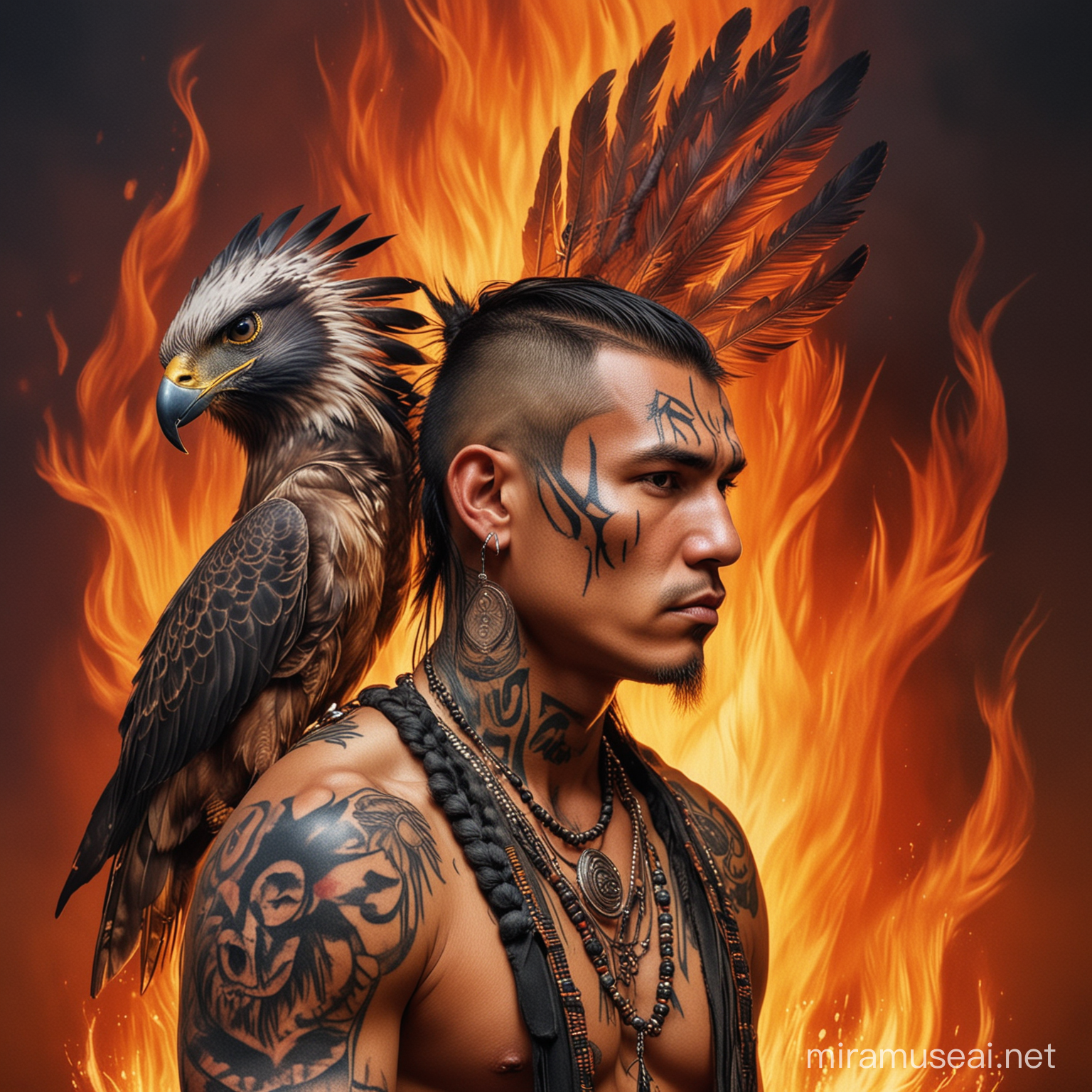 Un ondiano americano con i capelli tagliati alla moicana.
Un falco tatuato in faccia.
Sullo sfondo delle fiamme
