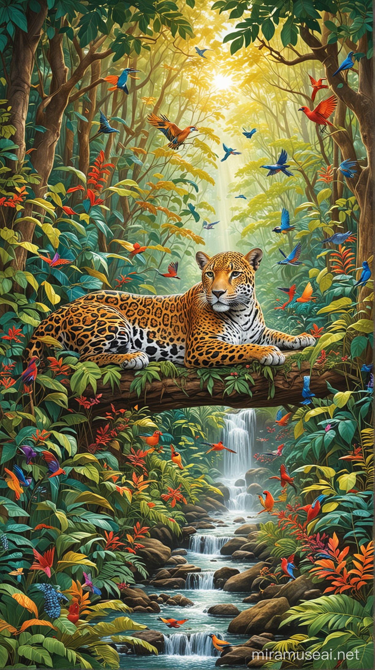Create a jaguar and colorful birds in dense forest scene with sunlight streaming through the lush canopy, highlighting vibrant foliage and intricate patterns of branches and leaves, Add a winding stream or hidden waterfall for added charm, coloring book cover,