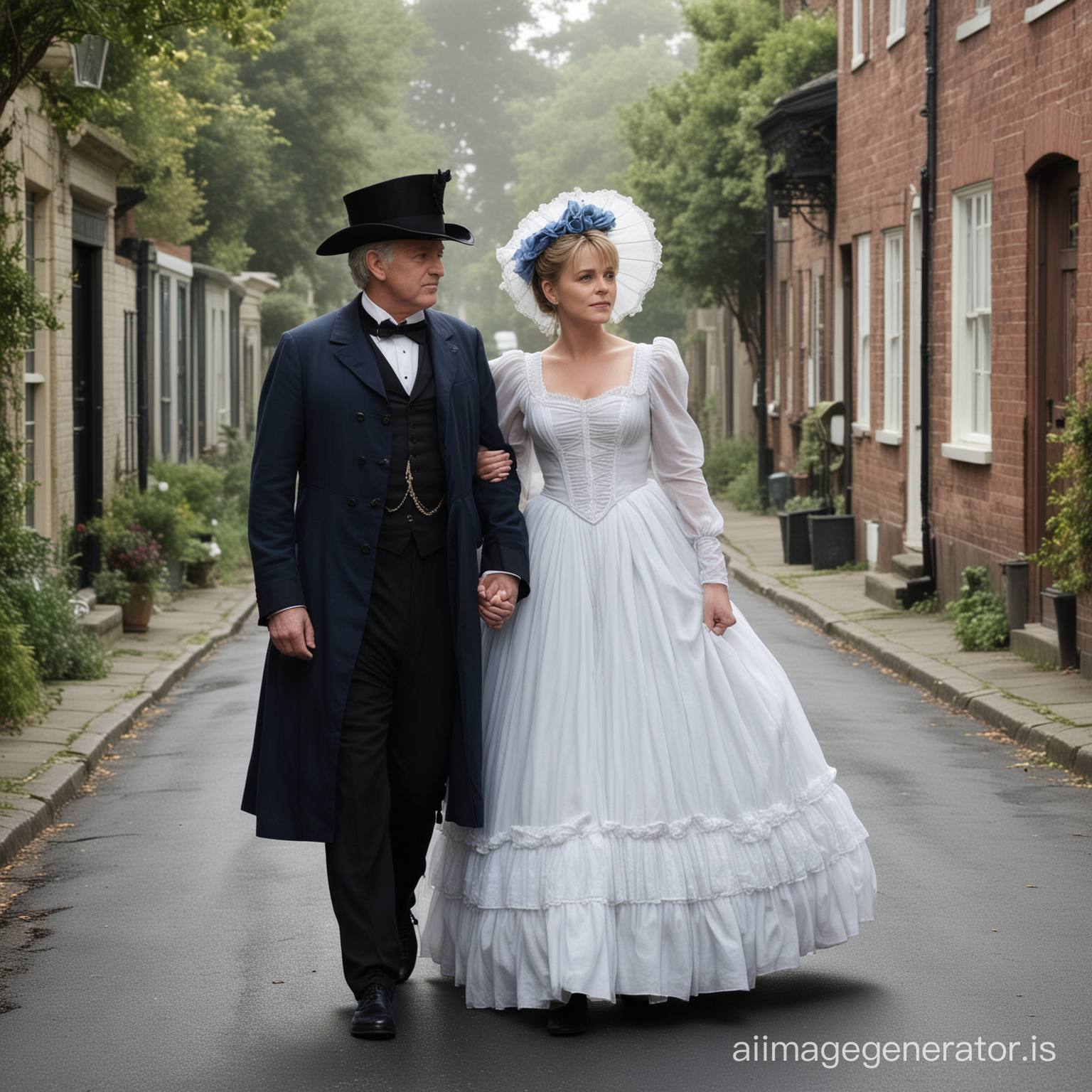 Amanda Tapping as Major Samantha Carter wearing a dark blue floor-length loose billowing 1860 Victorian crinoline poofy dress with a frilly bonnet walking on a Victorian era street with an old man dressed into a black Victorian suit who seems to be her newlywed husband