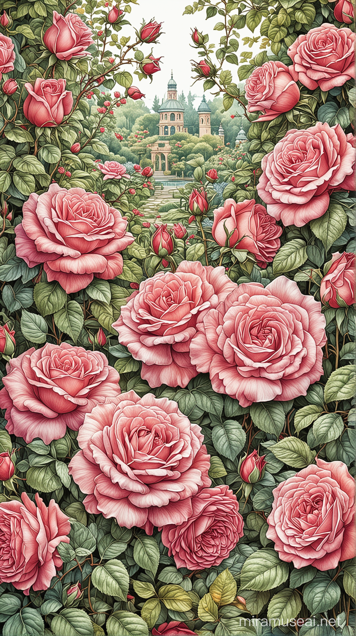 Coloring book of rose garden:a lush rose garden in full bloom. The roses are meticulously rendered, with each petal delicately shaded to capture their velvety texture.