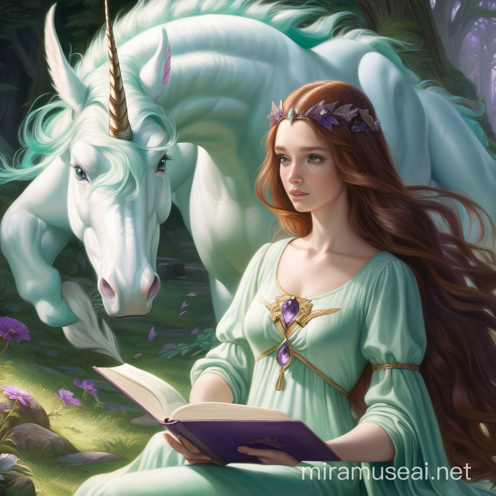  The pure white unicorn approaches a young woman in green, the woman with long dark auburn hair is reading a book, over the woman's other shoulder is a baby amethyst dragon