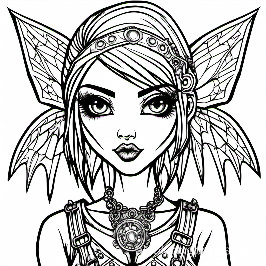 black clean line draw an adult coloring page of a cute gothic punk rock style fairys face only. no color. white background. make the picture fit the page. detailed
, Coloring Page, black and white, line art, white background, Simplicity, Ample White Space. The background of the coloring page is plain white to make it easy for young children to color within the lines. The outlines of all the subjects are easy to distinguish, making it simple for kids to color without too much difficulty