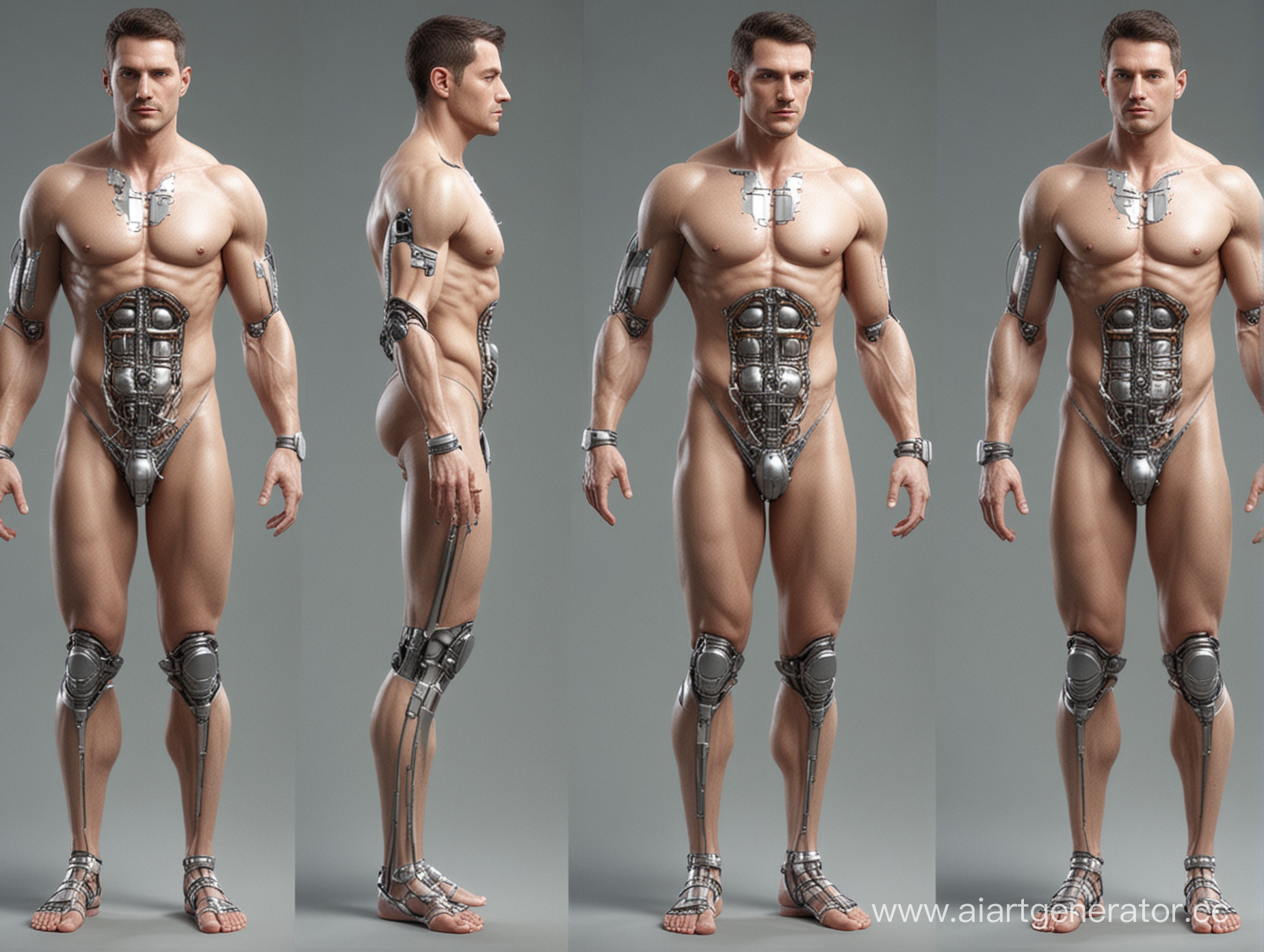 Изобразить модель человека будущего с имплантами на теле в полный рост мужчину. Это должно выглядеть в техническом стиле
