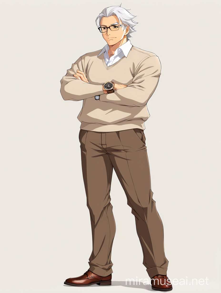 Intelligent Anime Man in Brown Sweater with Crossed Arms