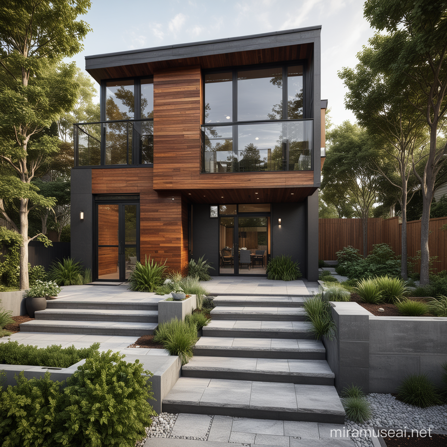 A digital illustration of a contemporary two-story house with a mix of dark metal and rich wood textures. The architecture features sharp geometric shapes, including a prominent boxy design with a protruding glass window structure. The house is elevated on pillings, creating an open space underneath with accent lighting. A modern exterior staircase connects the ground to the upper level. Landscaping around the house includes lush greenery, shrubs, and small trees. The environment is residential with a focus on clean lines and minimalist aesthetic, and a comfortable outdoor seating area is visible.