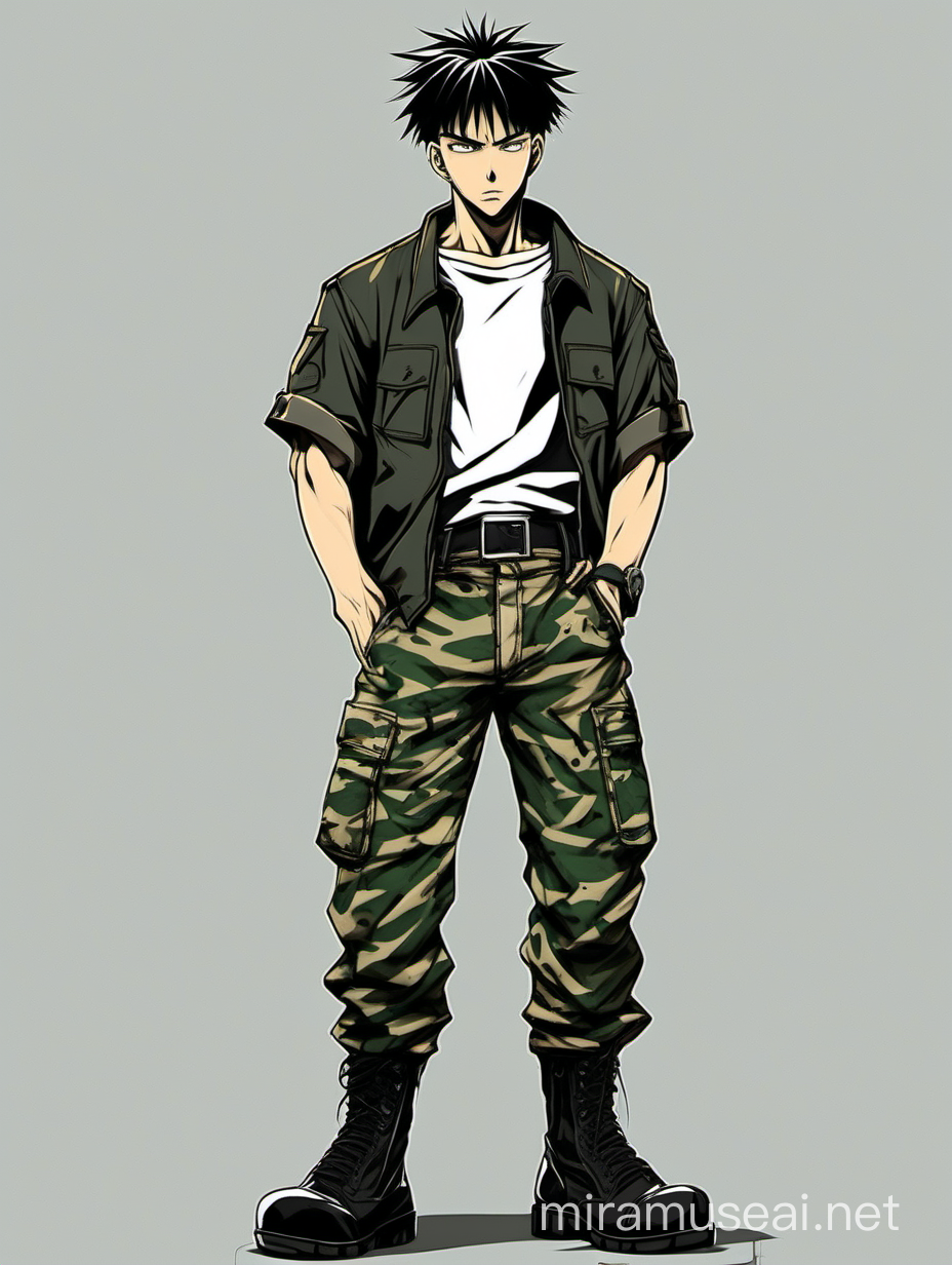 Man in 90s anime style. A man of athletic build. Dressed in camouflage pants with a leather belt, black leather combat boots, a white T-shirt tucked into the pants. There is a scar on the face near the eye, a crop haircut on the head,