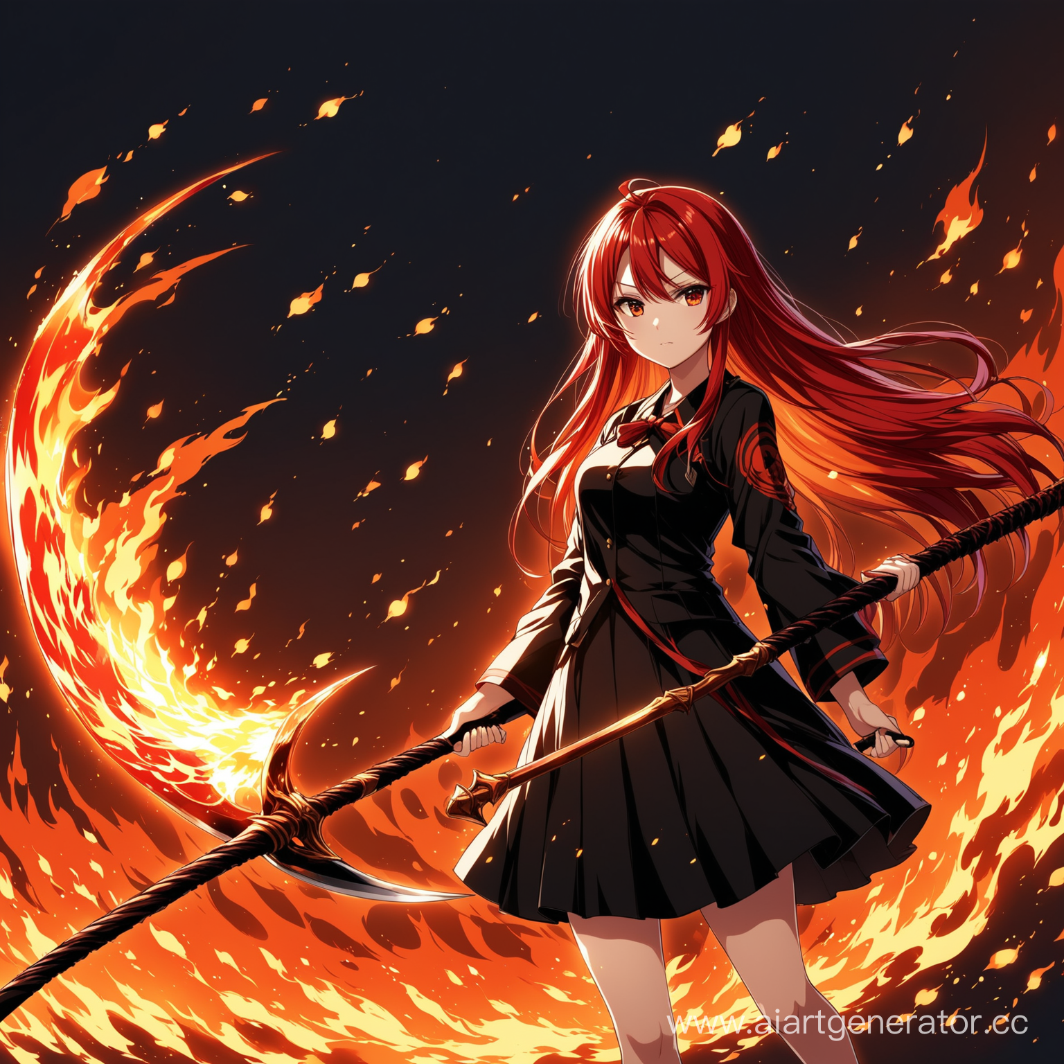 аниме девушка с рыжими волосами и огненной косой в руке

