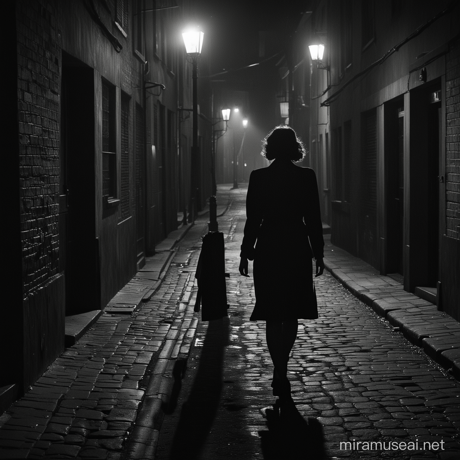 Woman Walking Alone in Dark Retro Film Noir Street