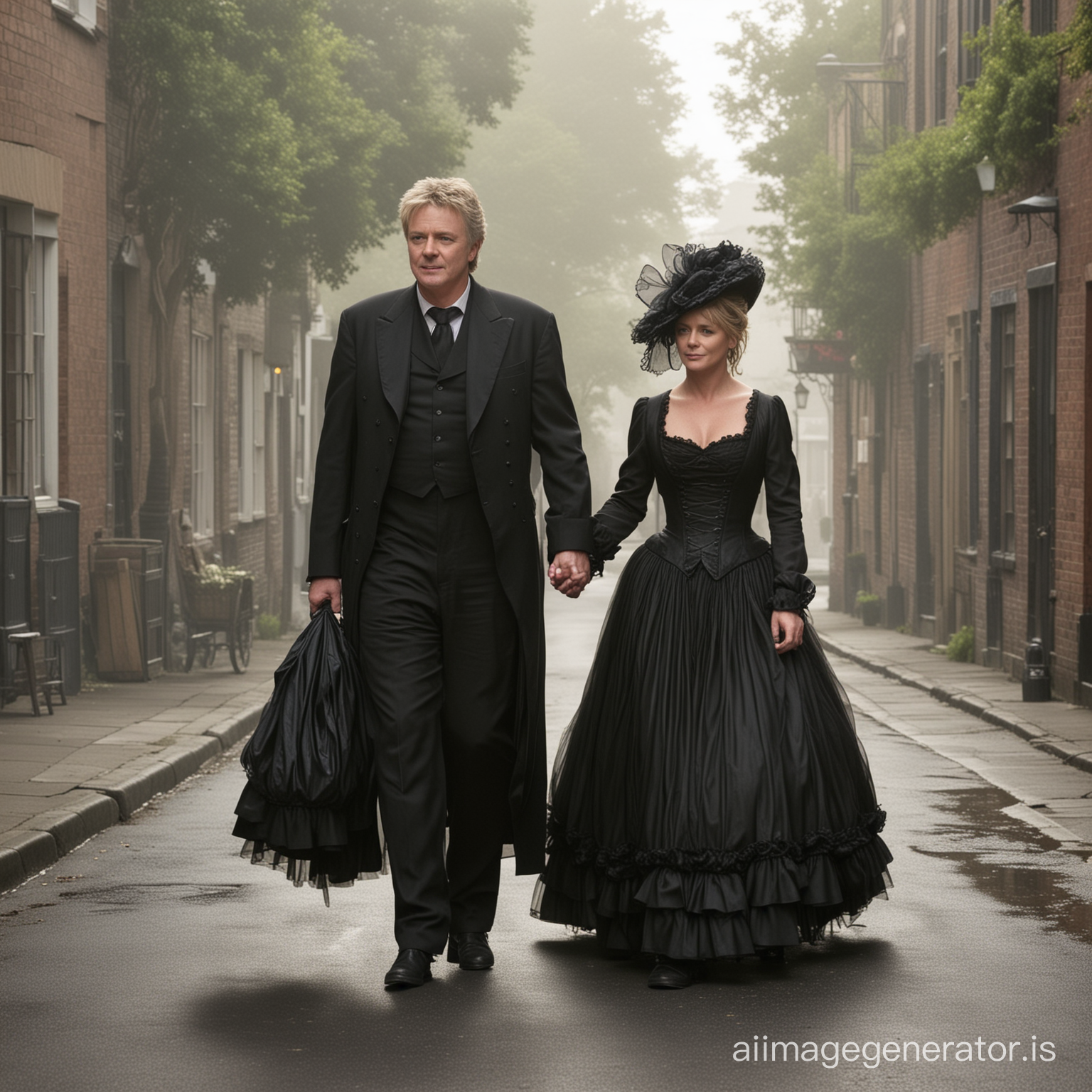 Amanda Tapping as Major Samantha Carter wearing a black floor-length loose billowing 1860 Victorian crinoline poofy dress with a frilly bonnet walking on a Victorian era street with an old man dressed into a black Victorian suit who seems to be her newlywed husband