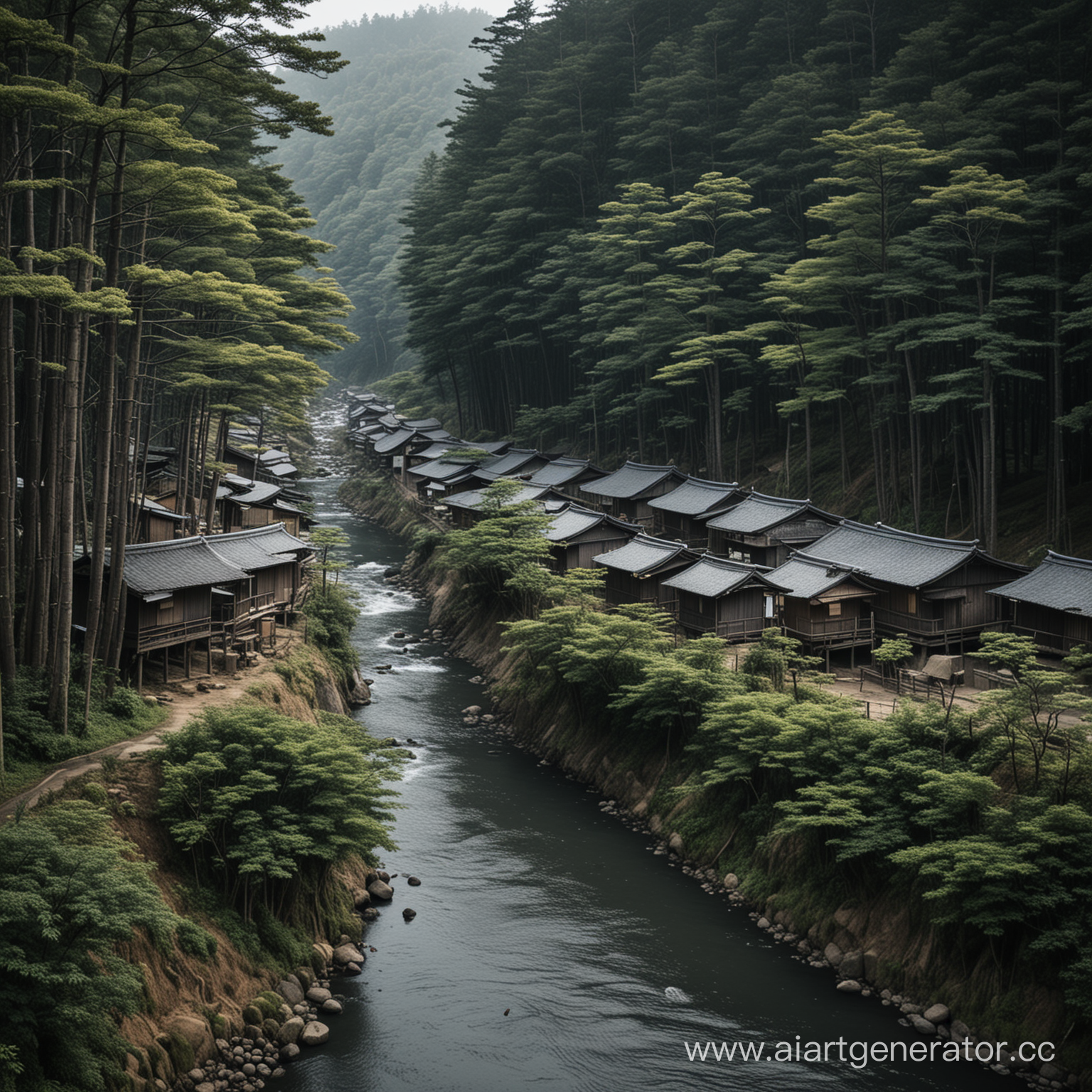a very small and poor japanese village near a river and a forest. the forest is dark, the trees are grey