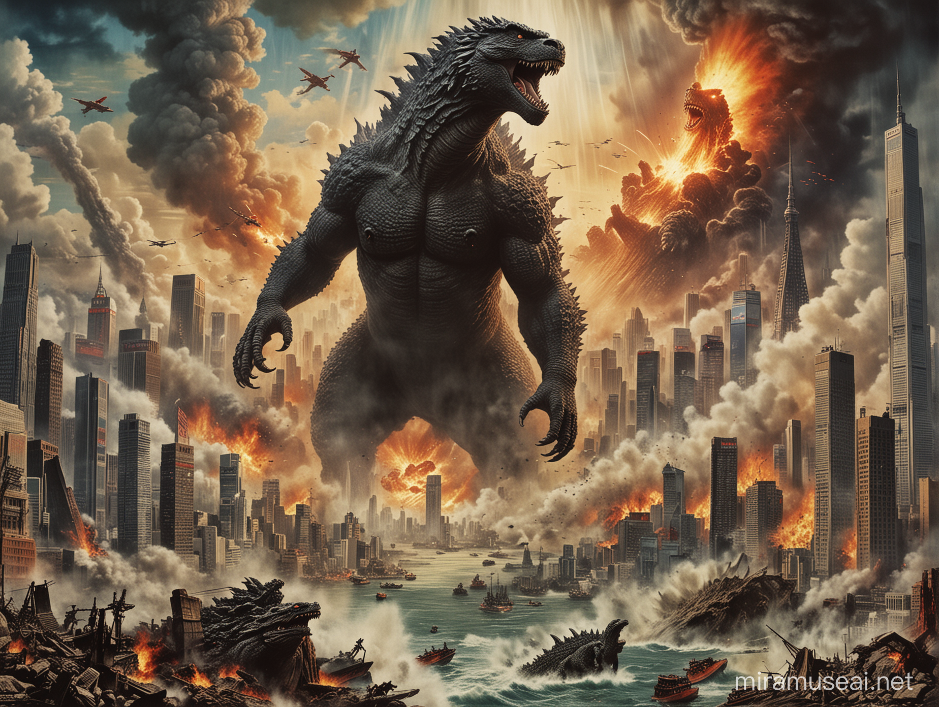 Godzilla Rampaging Through Tokyo Epic Destruction Movie Poster