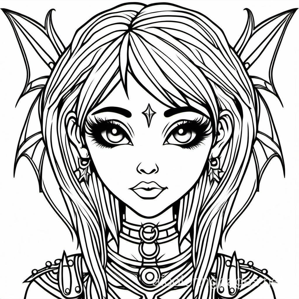 black clean line draw an adult coloring page of a cute gothic punk rock style fairys face only. no color. white background. make the picture fit the page. detailed
, Coloring Page, black and white, line art, white background, Simplicity, Ample White Space. The background of the coloring page is plain white to make it easy for young children to color within the lines. The outlines of all the subjects are easy to distinguish, making it simple for kids to color without too much difficulty