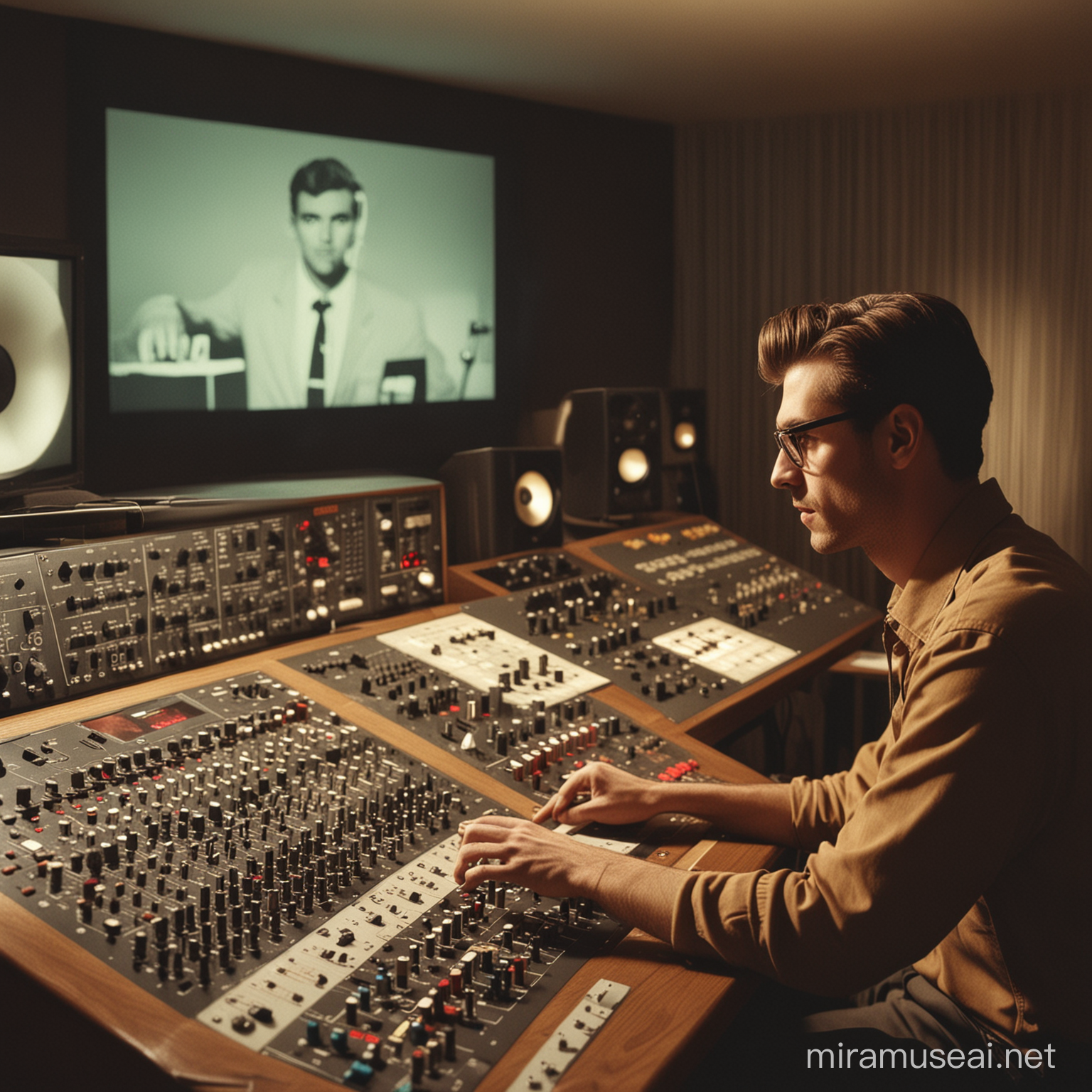 sound studio, retro looking, modern equipment, midcentury, close up shot, film post production, man sat at mixing desk, film playing on projector screen


