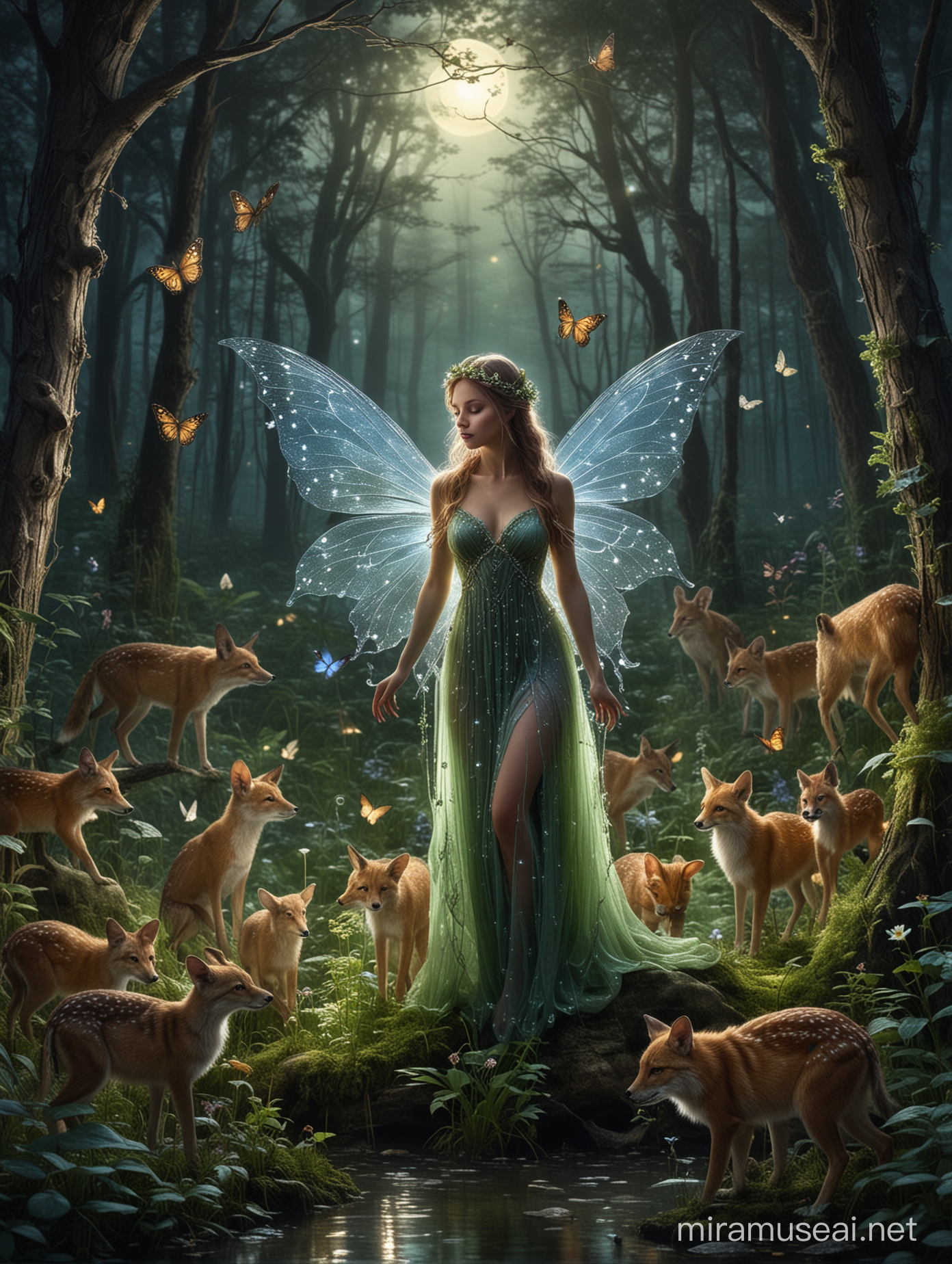 A magical beautiful photo of a fairy surrounded by forest animals under the moonlight, where magic is as tangible as morning dew and the forest comes alive thanks to its power.