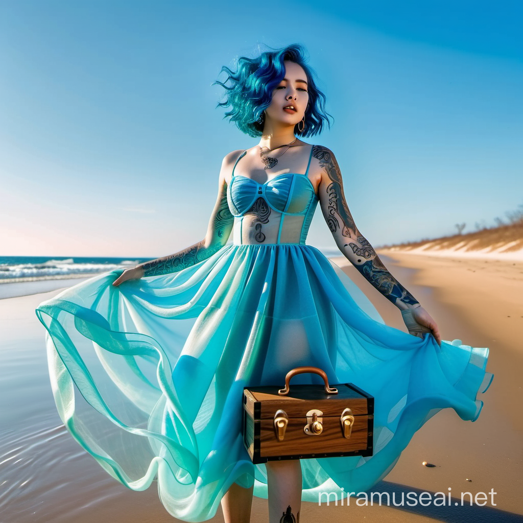 blue bob wavy. surrounded by blue sky. tentacles tattoos all over the body. blue organza transparent tentacle dress, windy. holds in hands open little wooden chest with golden coins