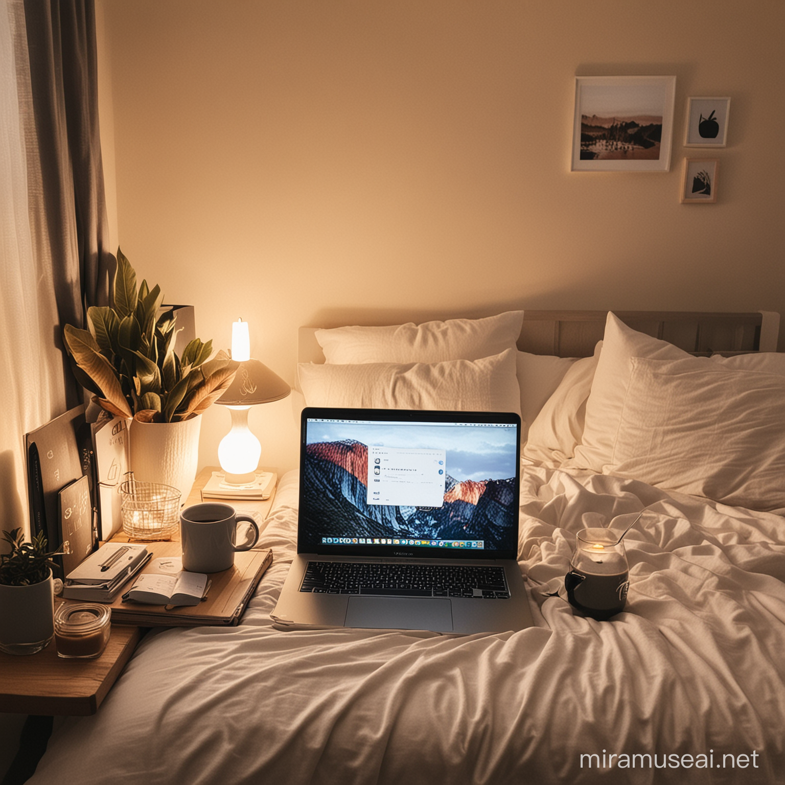 Cozy Bedroom Scene with Laptop and Takeout Containers