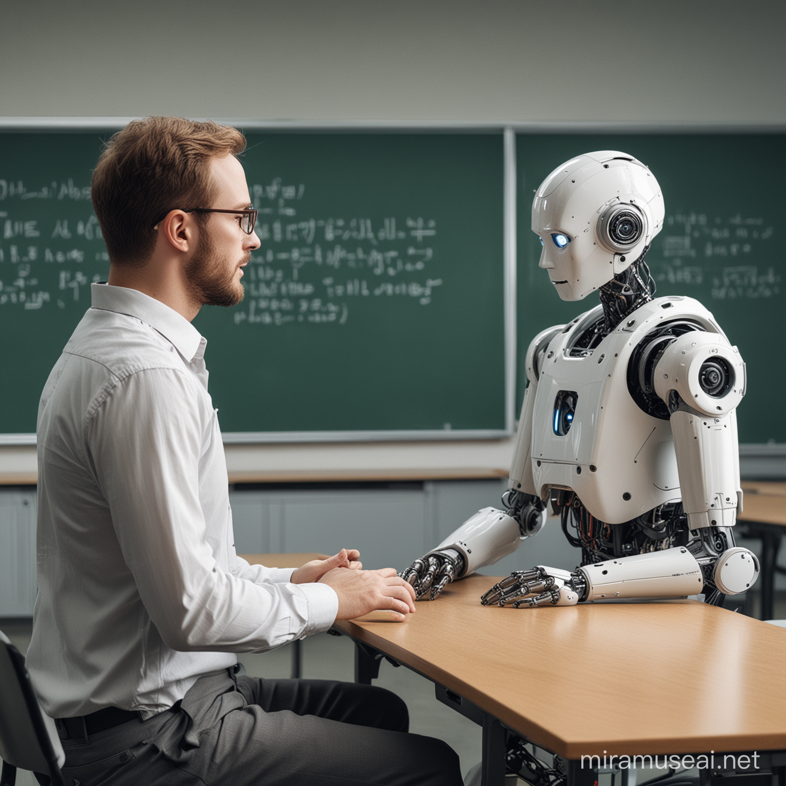 Un robot qui explique une matière à un homme dans une salle de classe au tableau