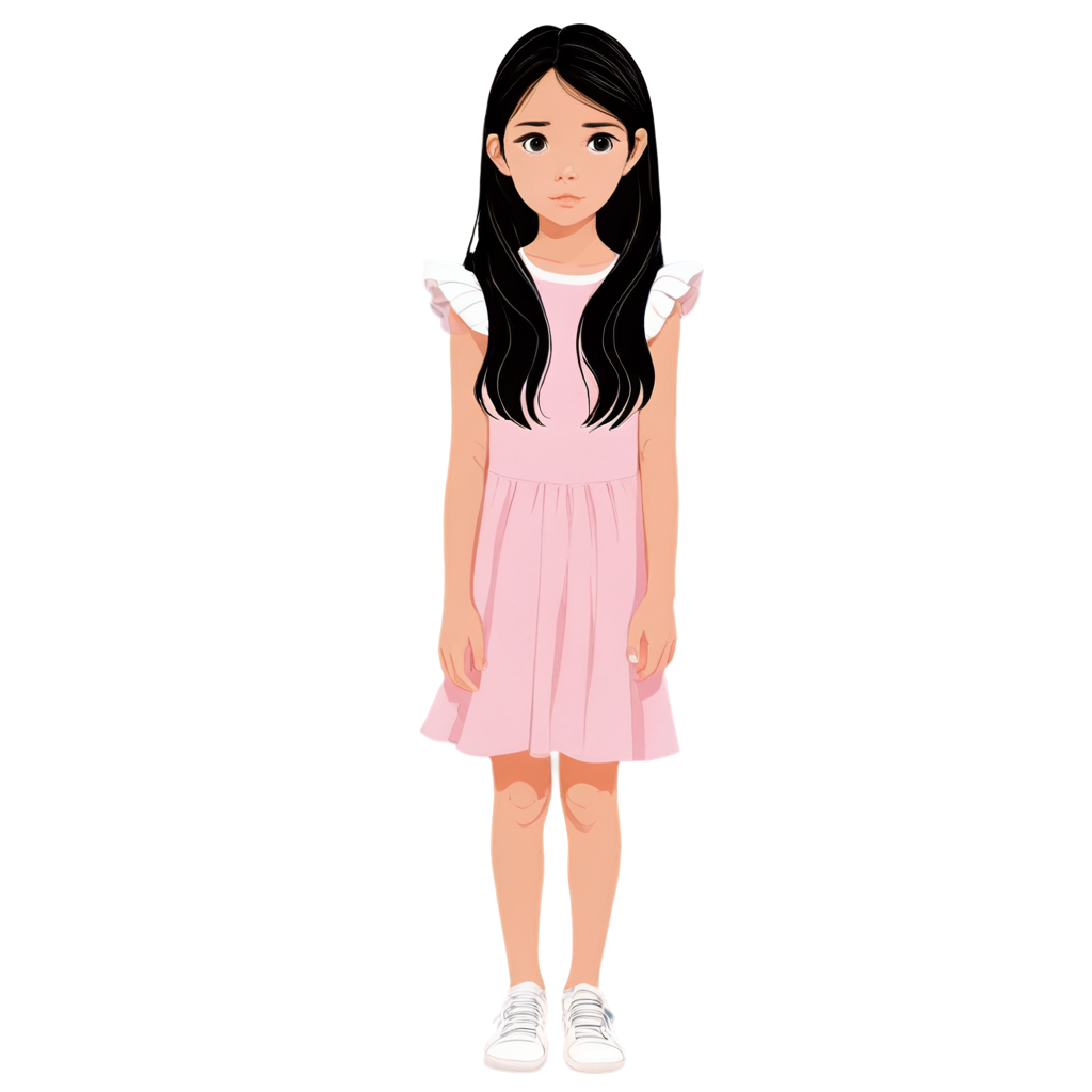 cartoon drawing: A beautiful little girl with white skin, big hazel eyes and long black hair. She sad crying. She is around 13 years old. She is wearing a pink dress and white shoes. She has white skin. she is crying. Make it more like a drawing and not like a photo. 