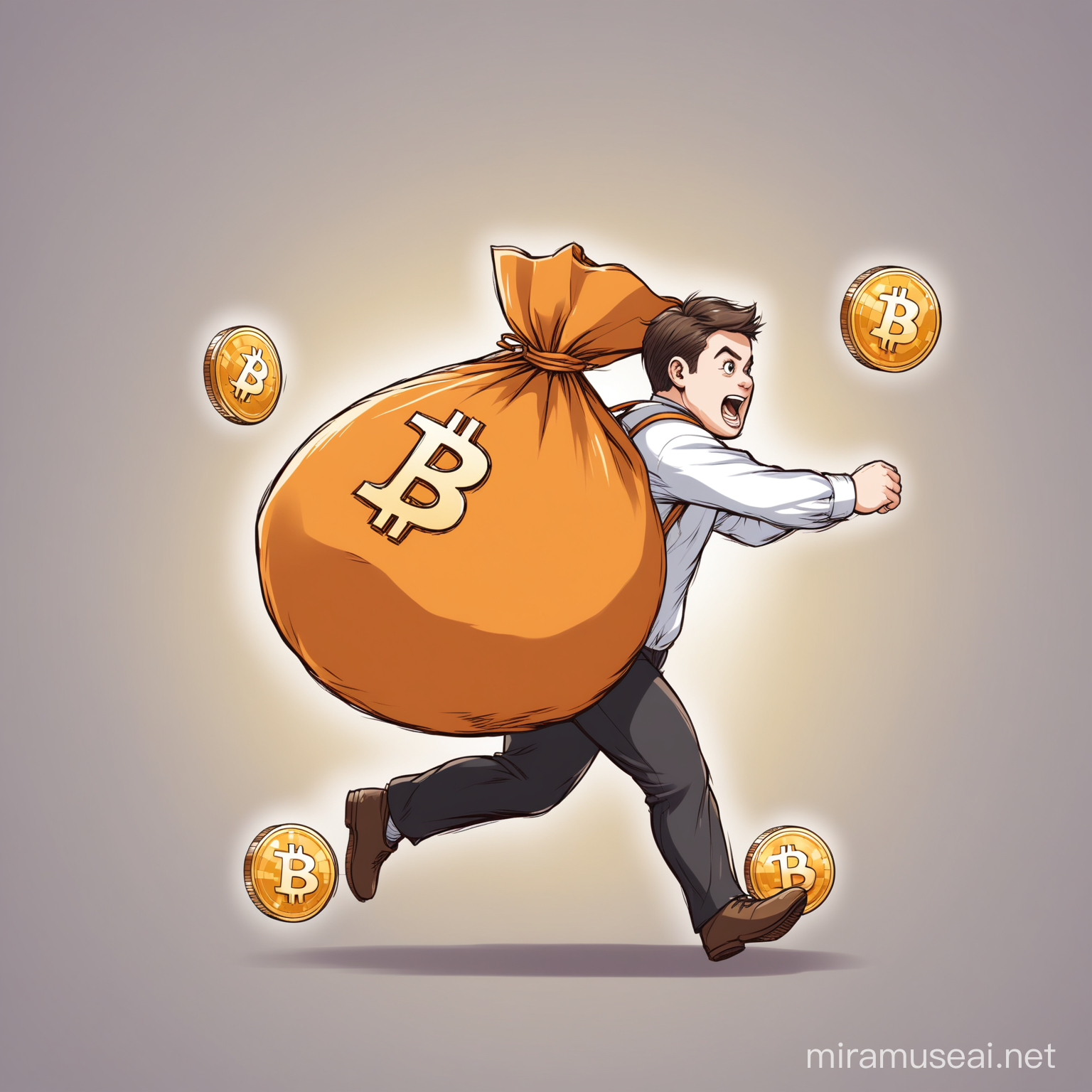 Person Running with Sack Bag Full of Bitcoin Coins