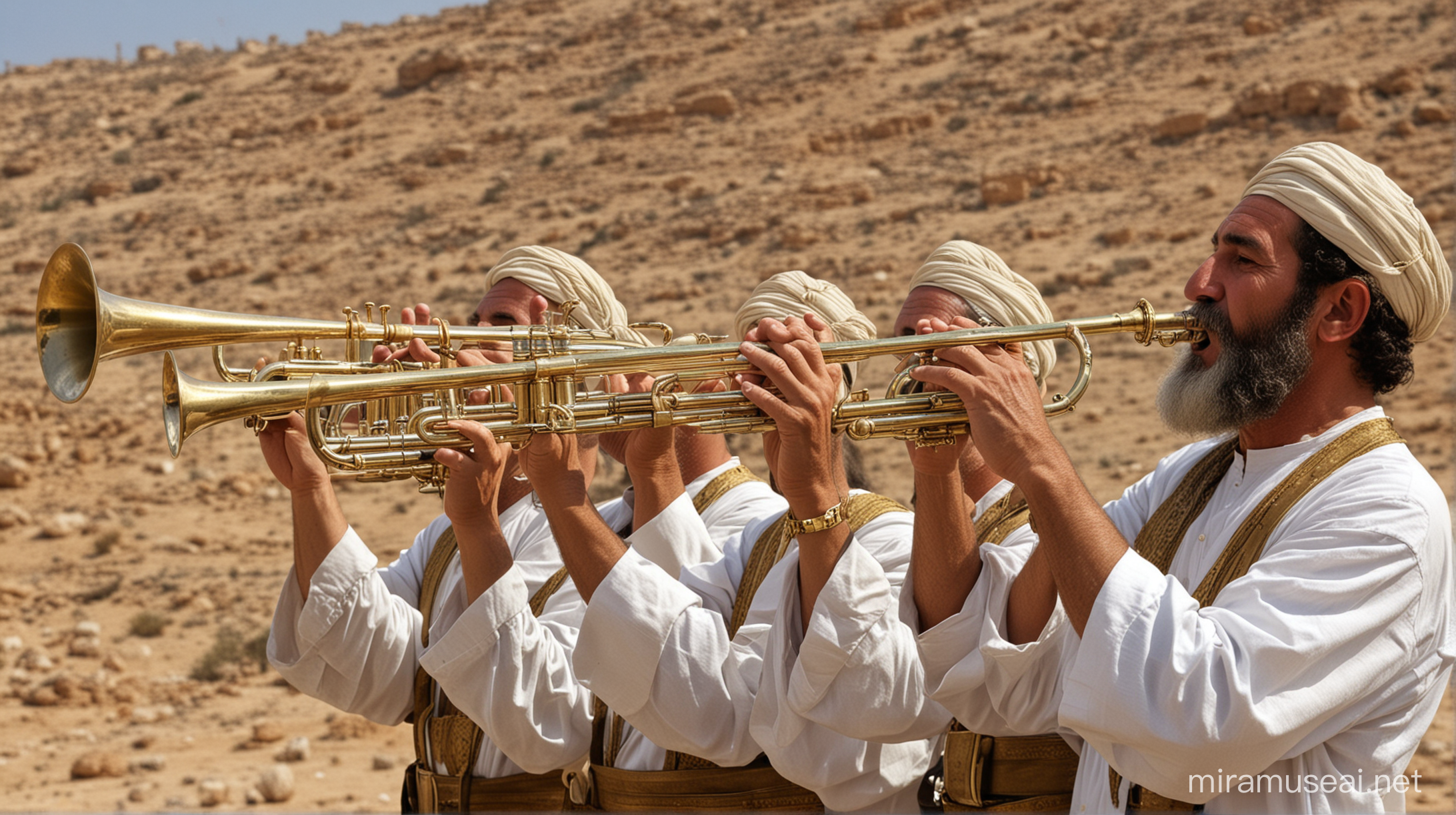 Israelis Blowing Silver and Brass Trumpets in Moses Era