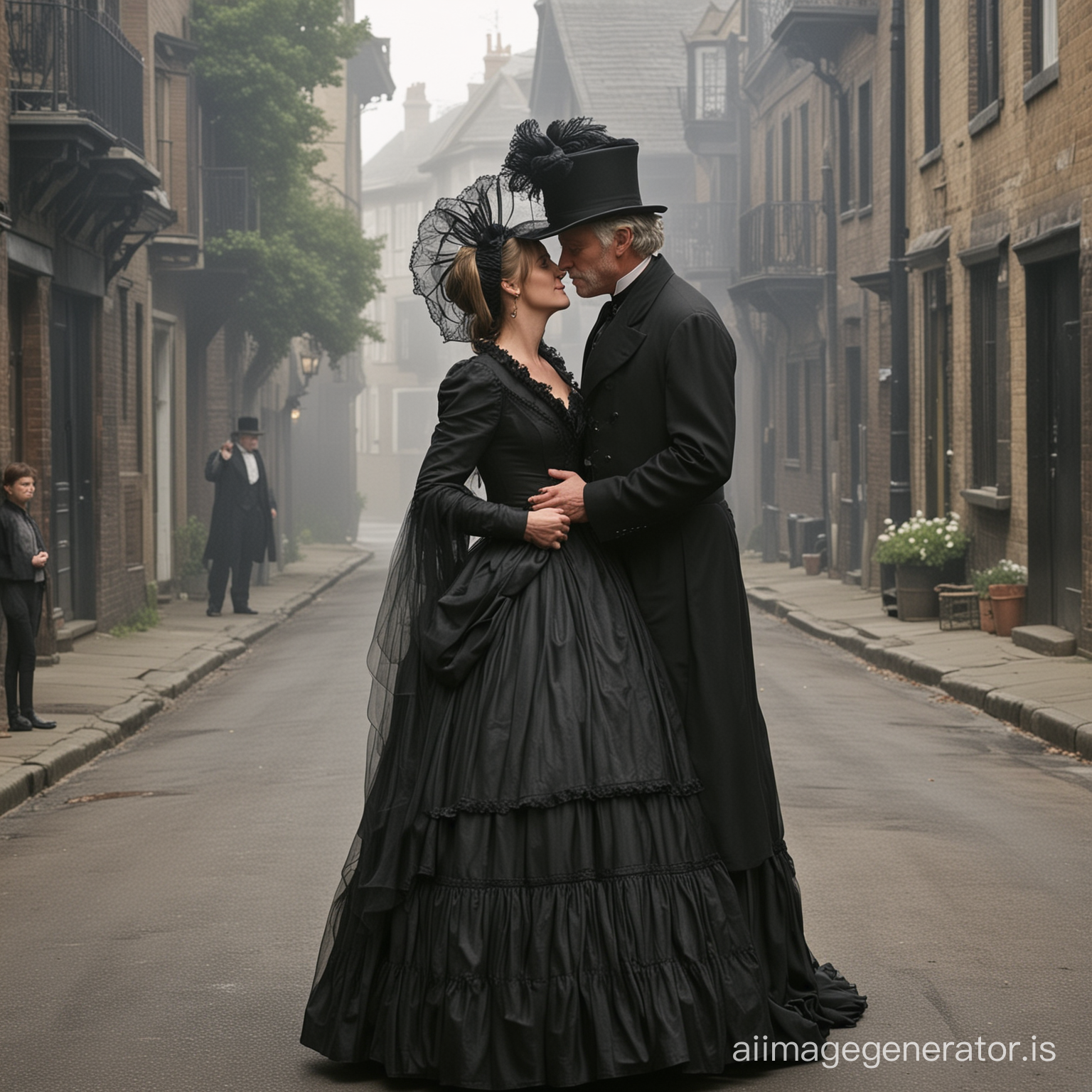 Amanda Tapping as Major Samantha Carter wearing a black floor-length loose billowing 1860 Victorian crinoline poofy dress with a frilly bonnet on a Victorian era street kissing an old man dressed into a black Victorian suit who seems to be her newlywed husband