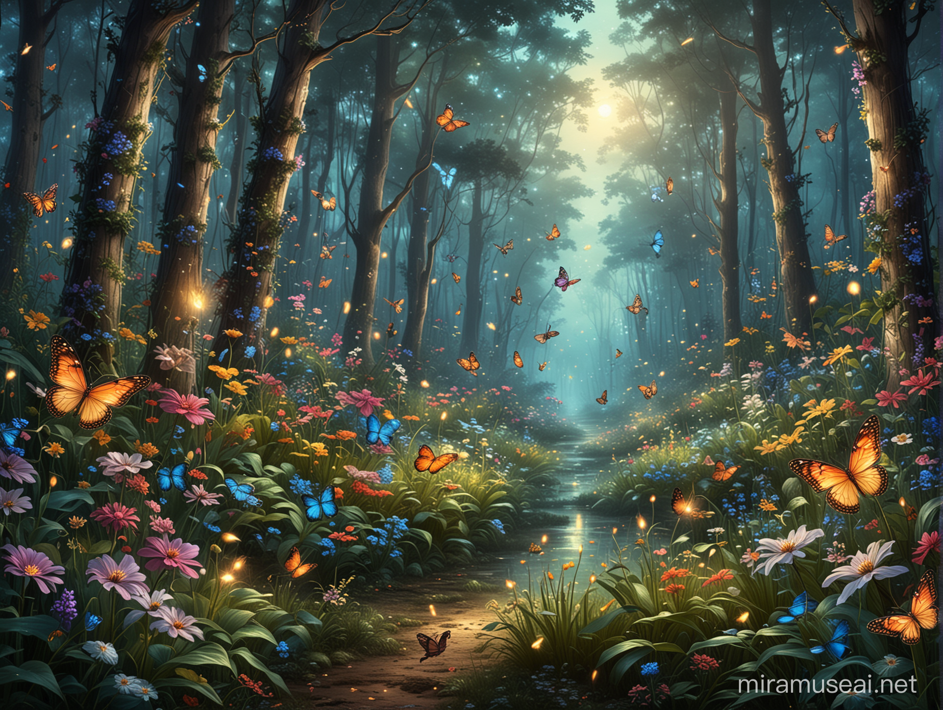 Fantasy forest of flowers with butterflies and fireflies