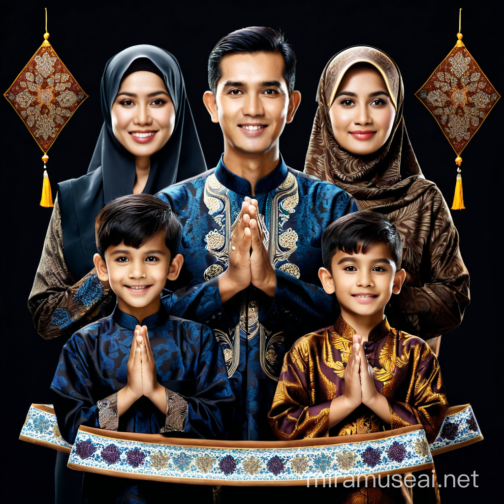 Gambar keluarga muslim Indonesia, full seluruh badan dan hasil super HD. Memakai batik caple, lengkap dengan sepatu.