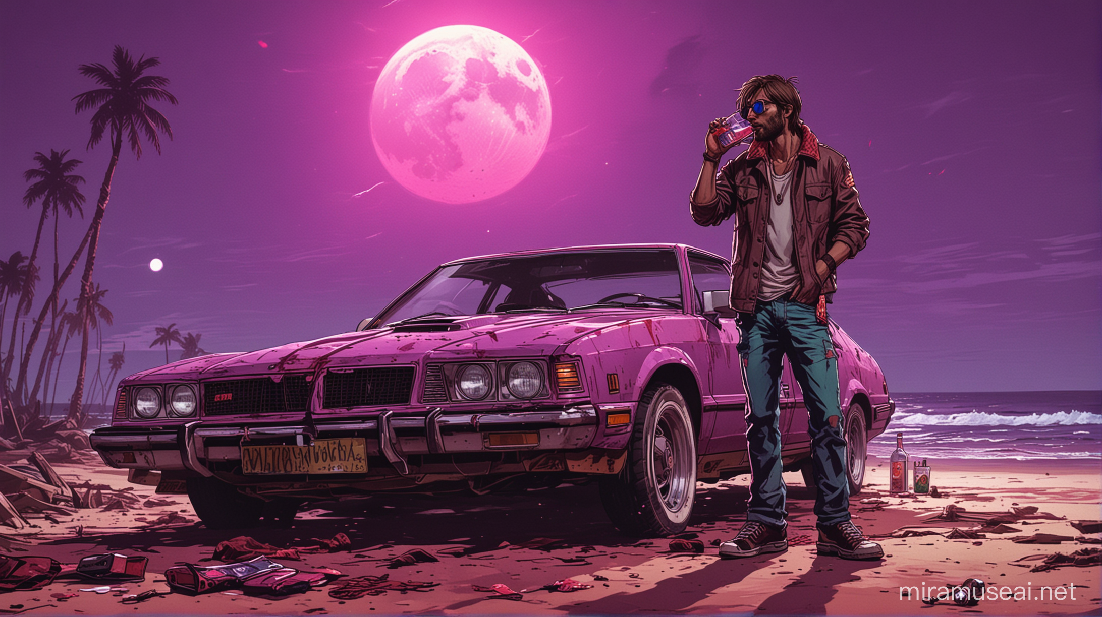 the son from hotline miami 2 drinking vodka outside of a bloody car on the beach with a purple moon in the sky