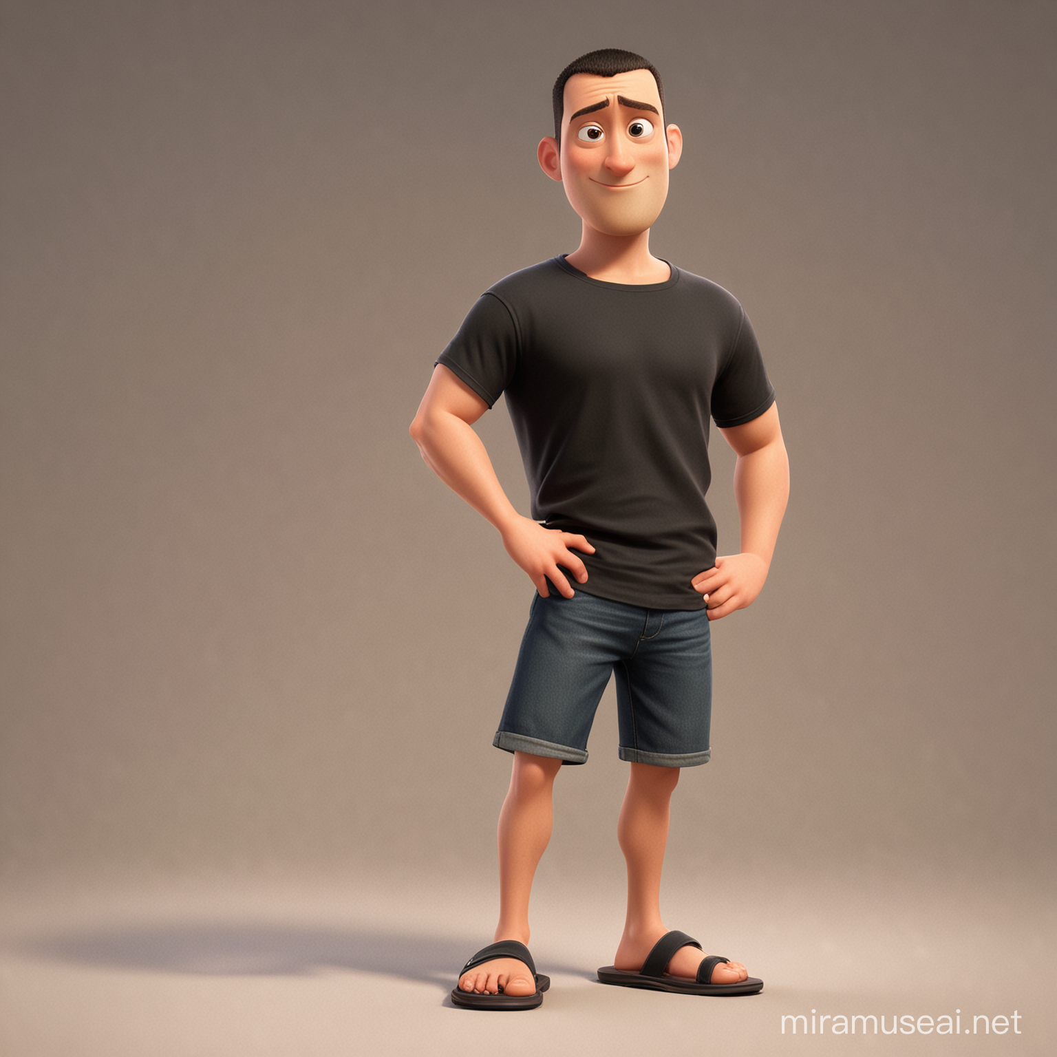 Marvels, 40 year old man, full body, wearing black t-shirt, short black hair, buzz cut, little light brown eyes, small eyebrow, pixar style, cartoon characters, full body standing up, wearing sandals