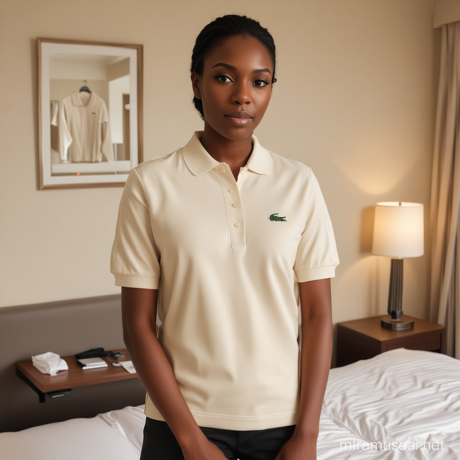 a black housekeeping manager wearing a cream polo lacoste in a hotel room