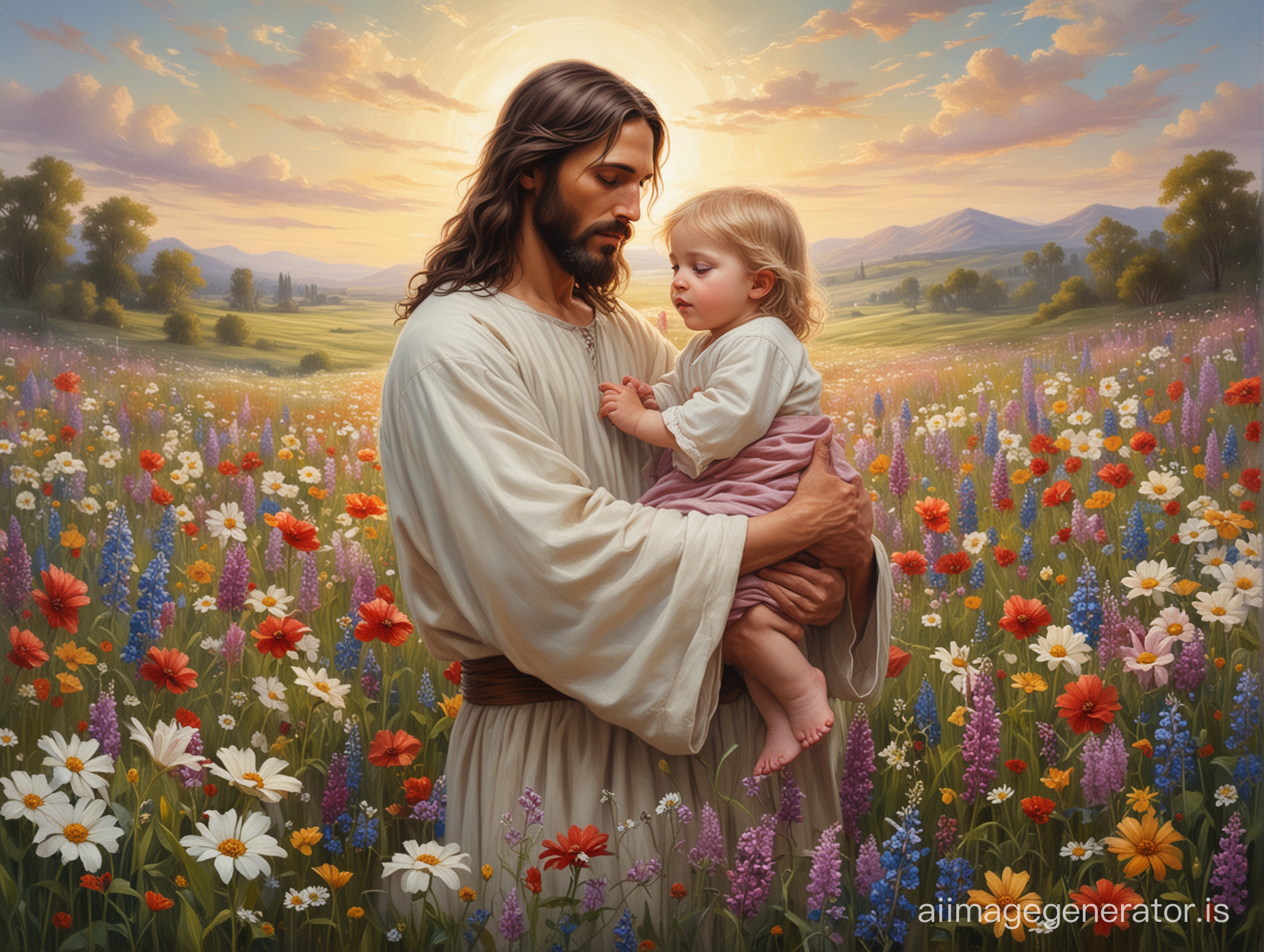 a painting of jesus holding a child in a field of flowers, an oil on canvas painting by Pamela Ascherson, shutterstock, gothic art, I can't believe how beautiful this is, deviantart hd, made of flowers